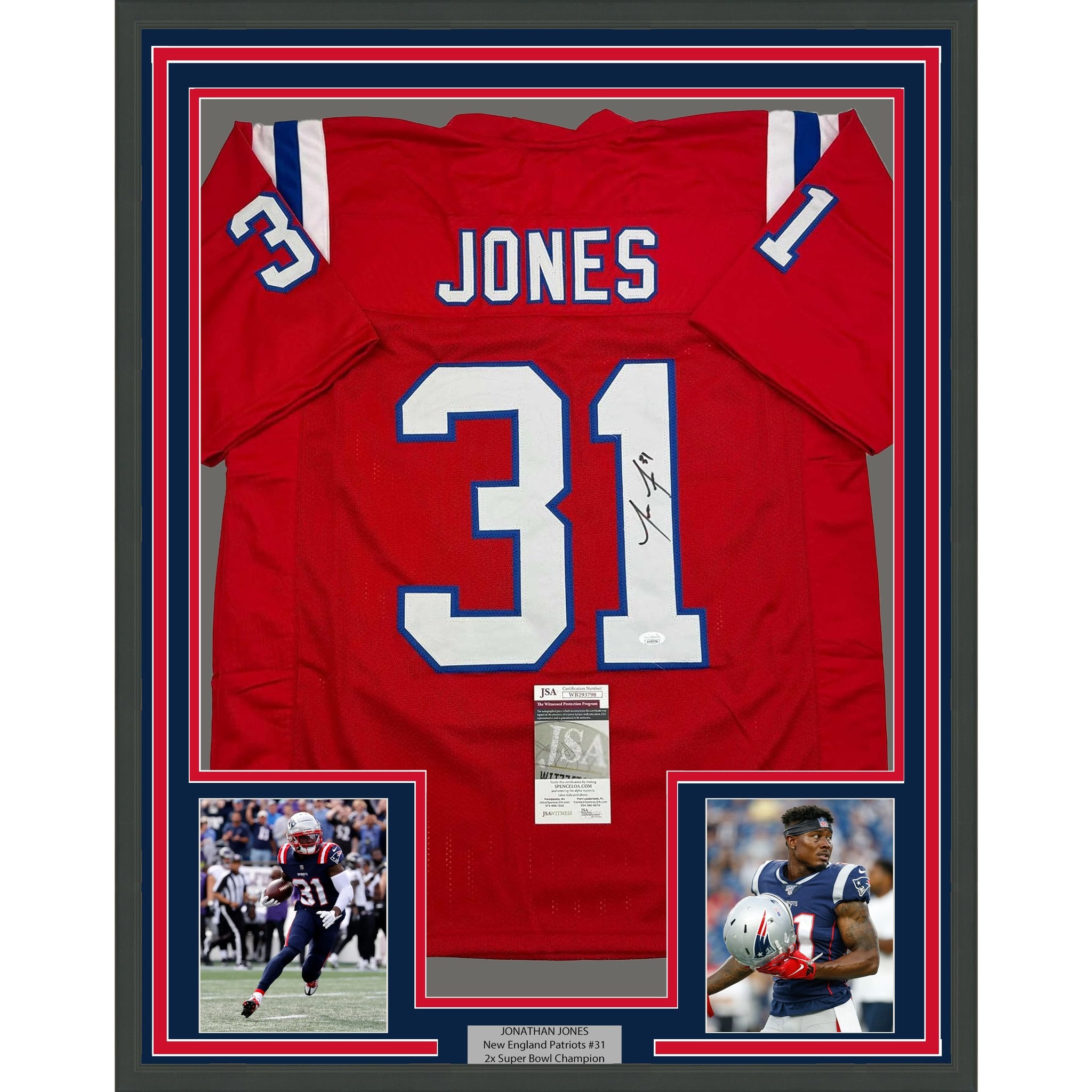 Framed Autographed/Signed Jonathan Jones 35x39 New England Red Football Jersey JSA COA