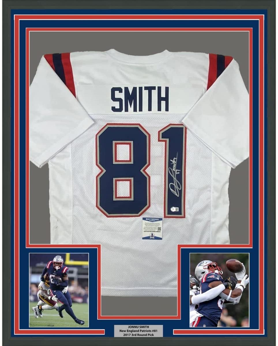 Framed Autographed/Signed Jonnu Smith 35x39 New England White Football Jersey Beckett BAS COA
