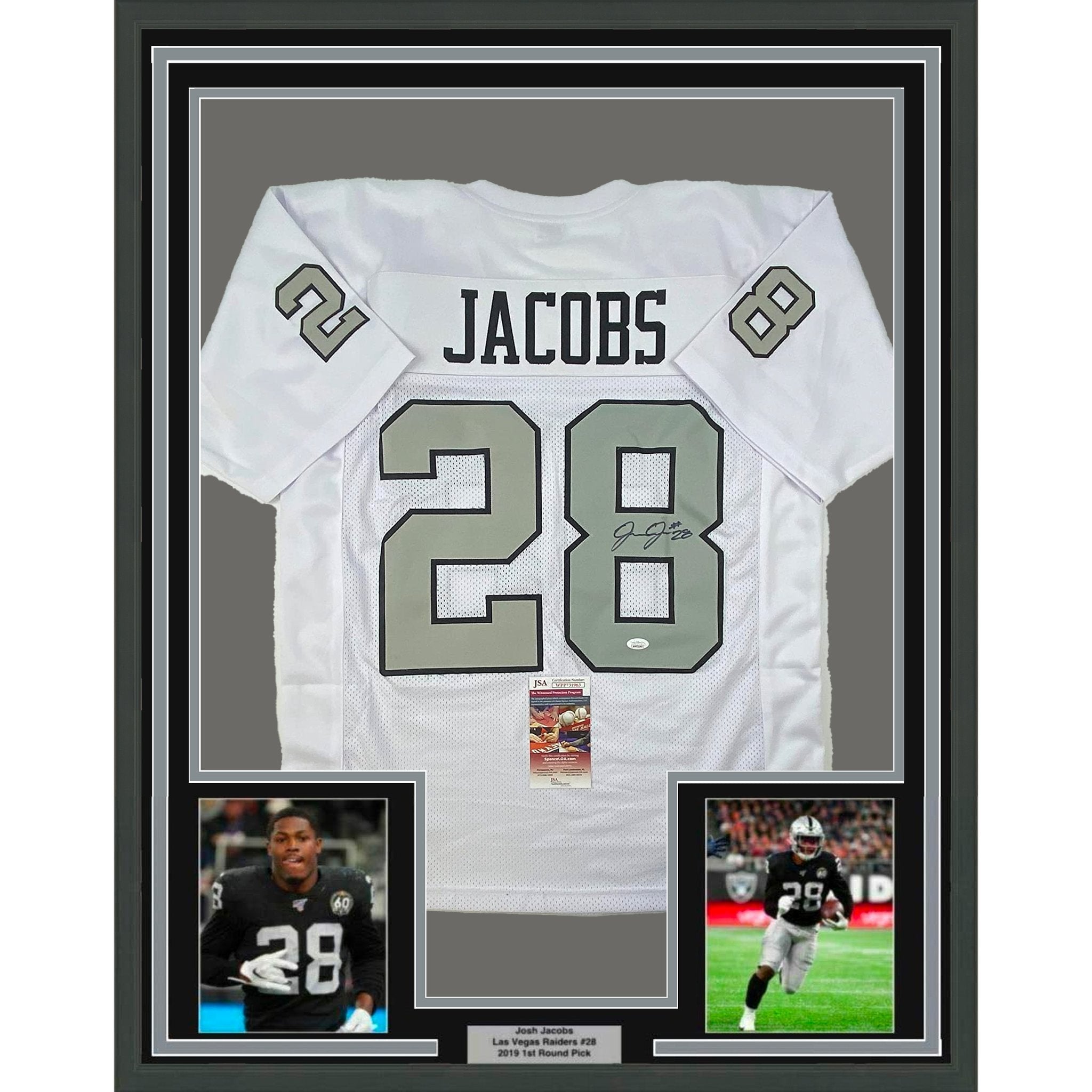 Framed Autographed/Signed Josh Jacobs 35x39 Las Vegas Oakland Color Rush Football Jersey Beckett BAS COA