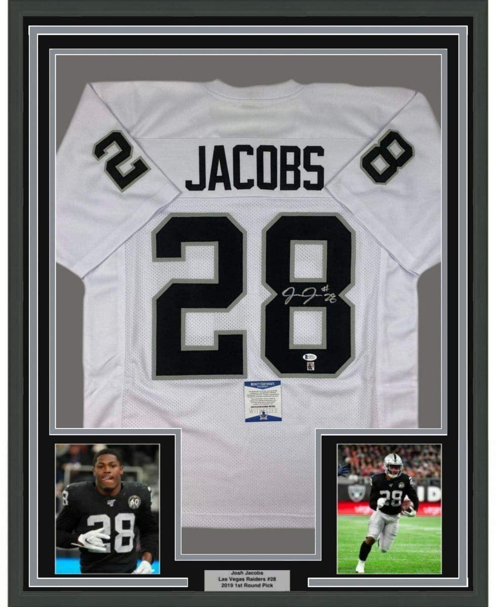 Framed Autographed/Signed Josh Jacobs 35x39 Las Vegas Oakland White Football Jersey Beckett BAS COA