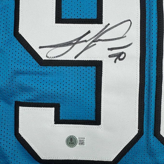 Framed Autographed/Signed Julius Peppers 35x39 Carolina Blue Football Jersey Beckett BAS COA