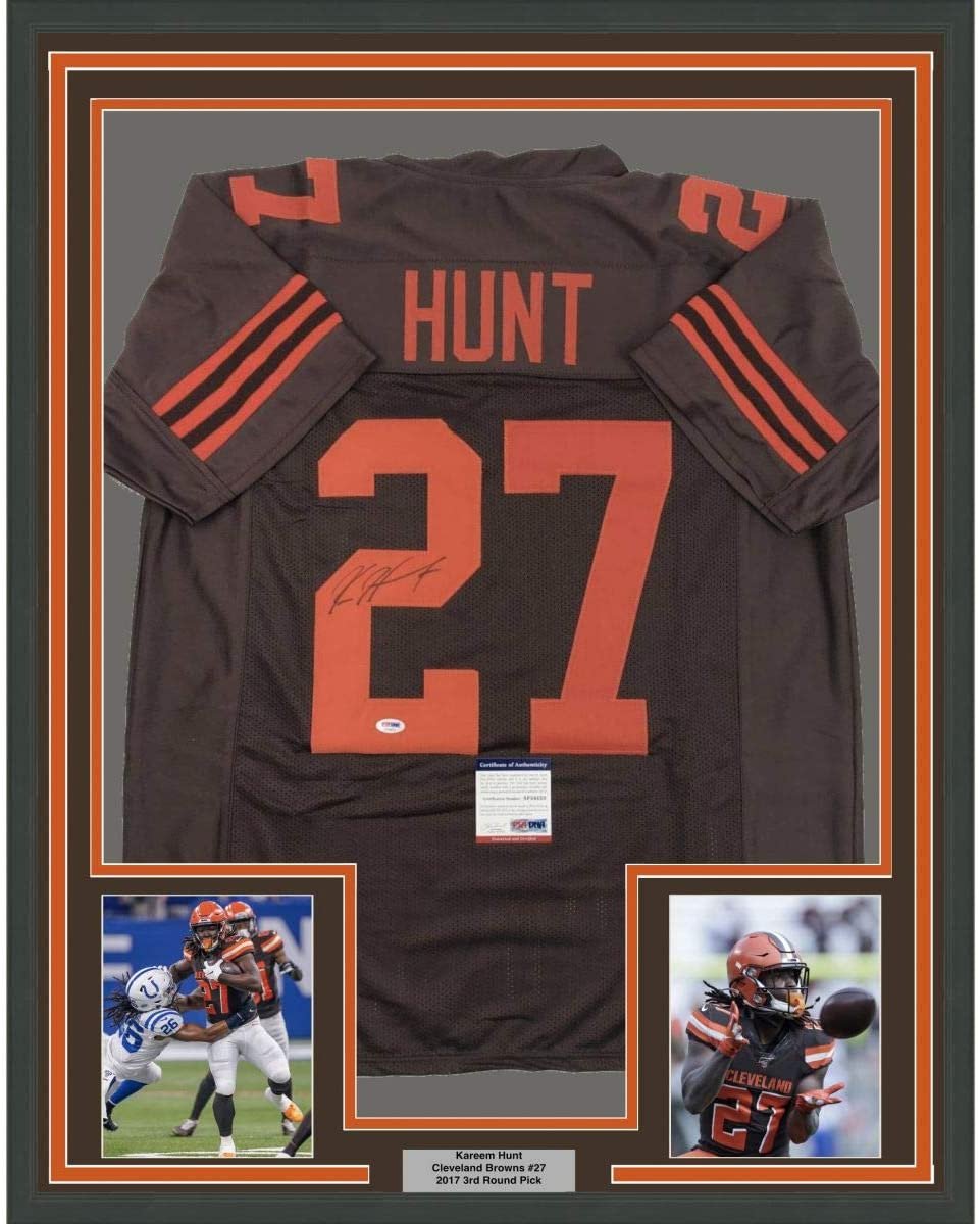 Framed Autographed/Signed Kareem Hunt 35x39 Cleveland Color Rush Football Jersey PSA/DNA COA