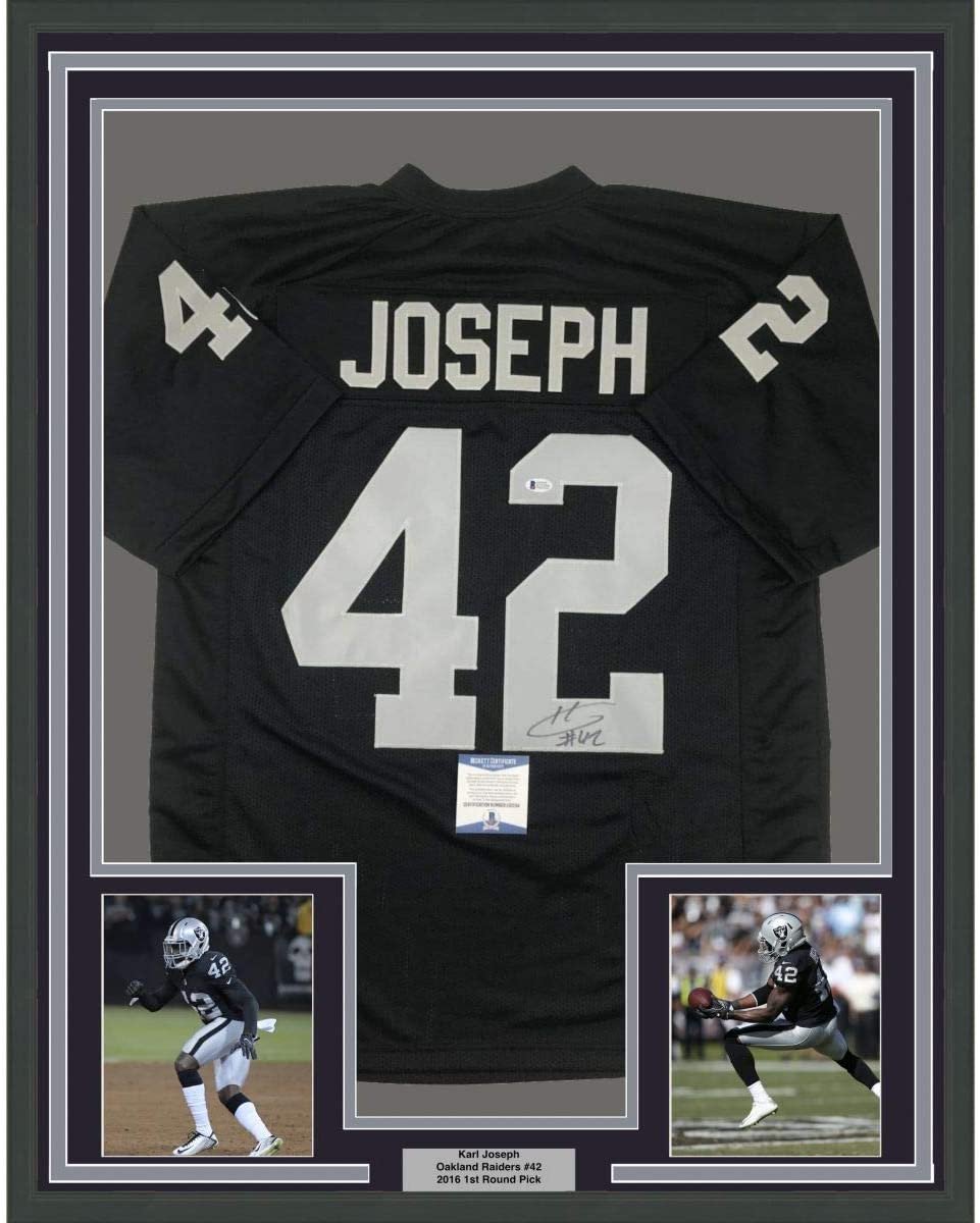 Framed Autographed/Signed Karl Joseph 35x39 Oakland Black Football Jersey Beckett BAS COA