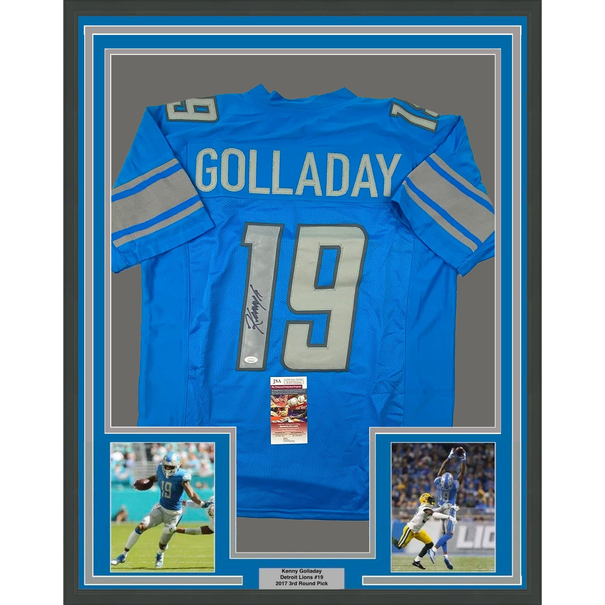 Framed Autographed/Signed Kenny Golladay 35x39 Detroit Blue Football Jersey JSA COA