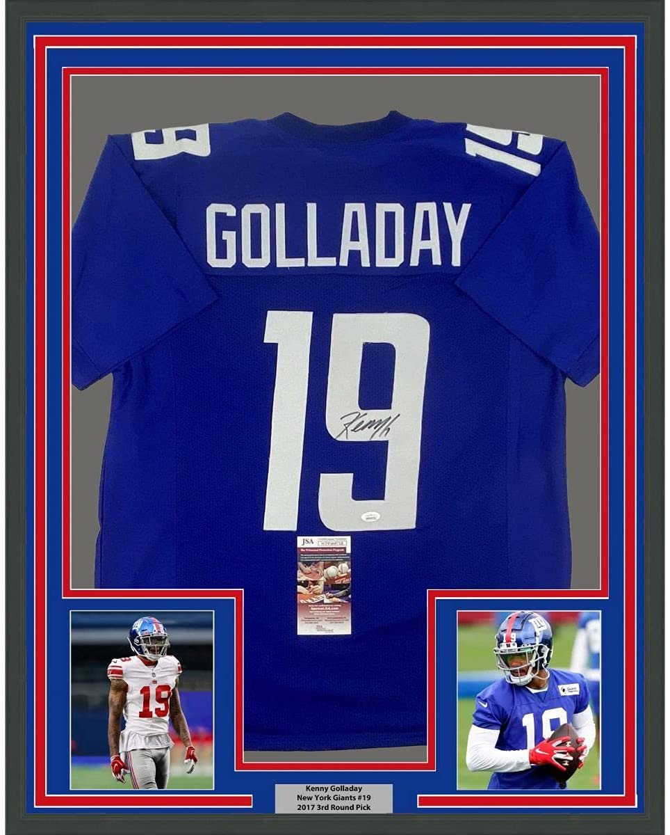 Framed Autographed/Signed Kenny Golladay 35x39 New York Blue Football Jersey JSA COA