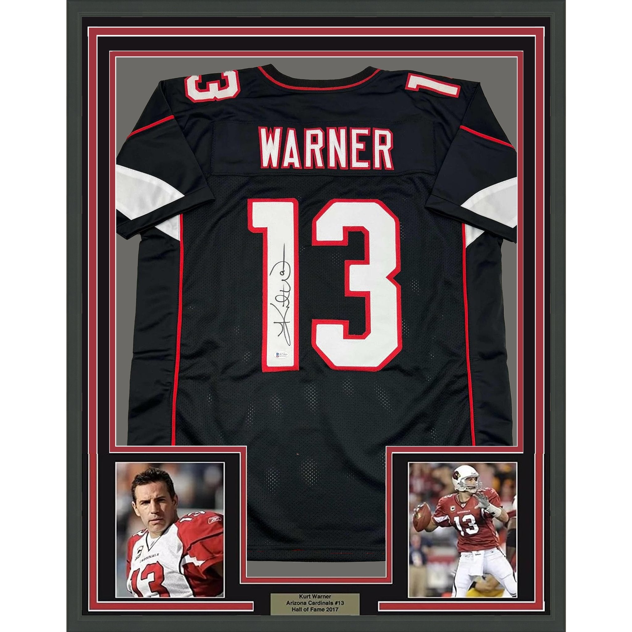 Framed Autographed/Signed Kurt Warner 35x39 Arizona Black Football Jersey Beckett BAS COA