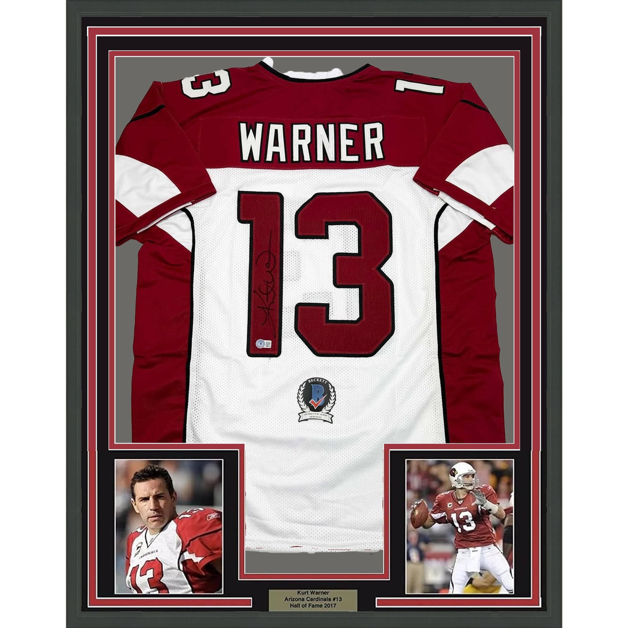 Framed Autographed/Signed Kurt Warner 35x39 Arizona White Football Jersey Beckett BAS COA