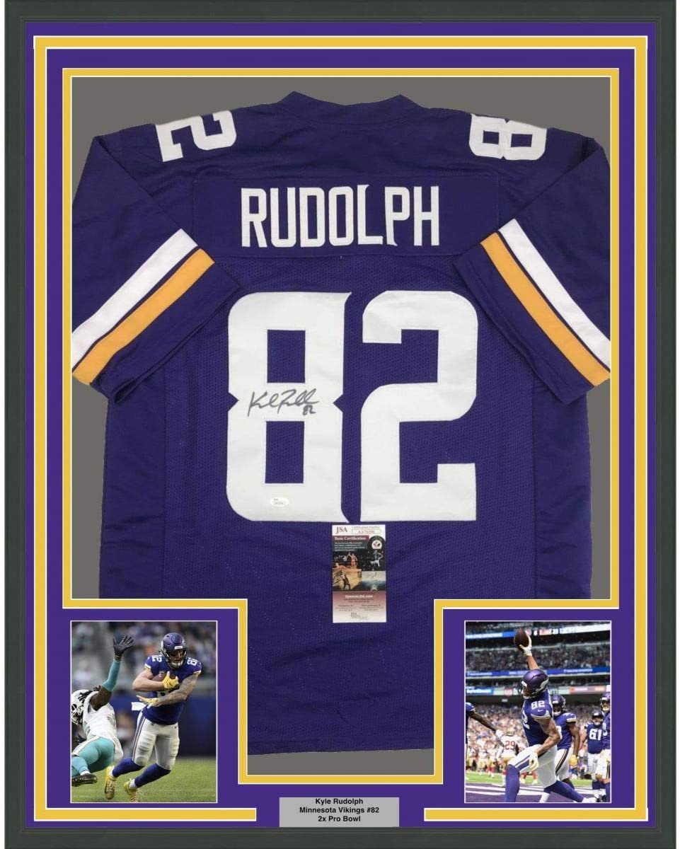 Framed Autographed/Signed Kyle Rudolph 35x39 Minnesota Purple Football Jersey JSA COA