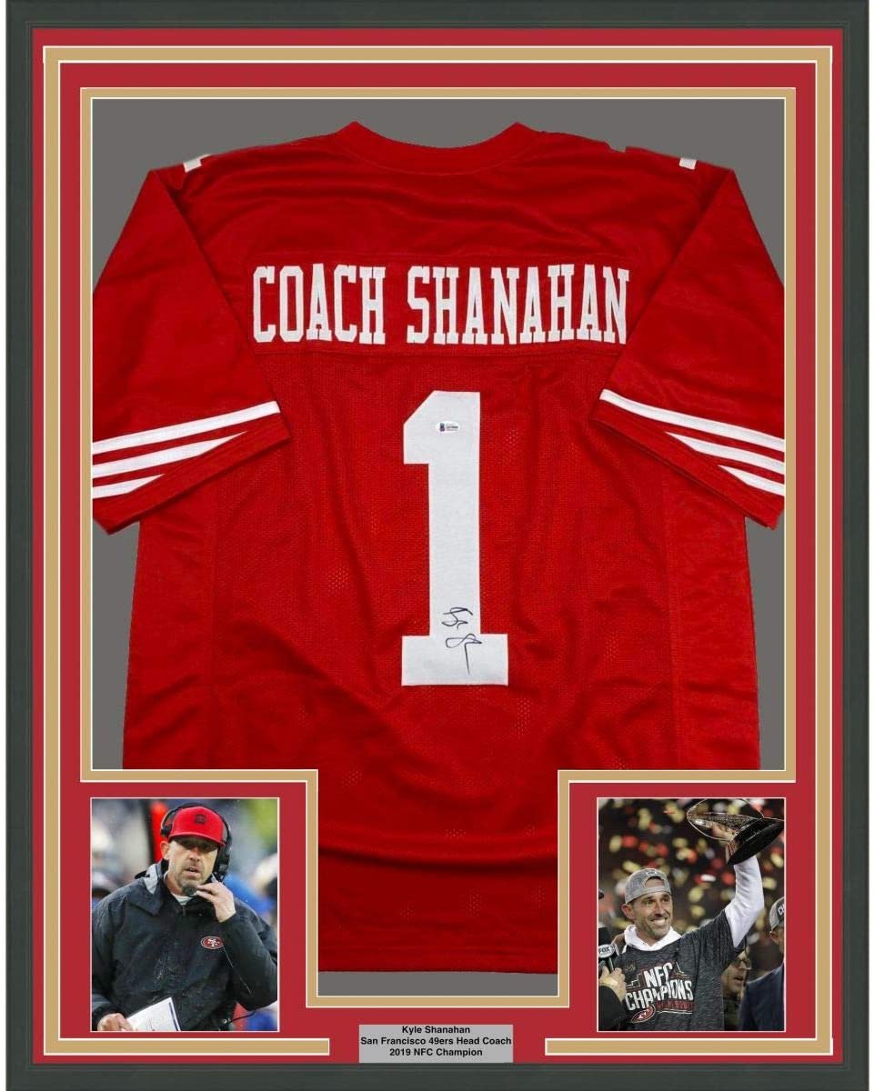 Framed Autographed/Signed Kyle Shanahan Coach 35x39 San Francisco Red Football Jersey Beckett BAS COA
