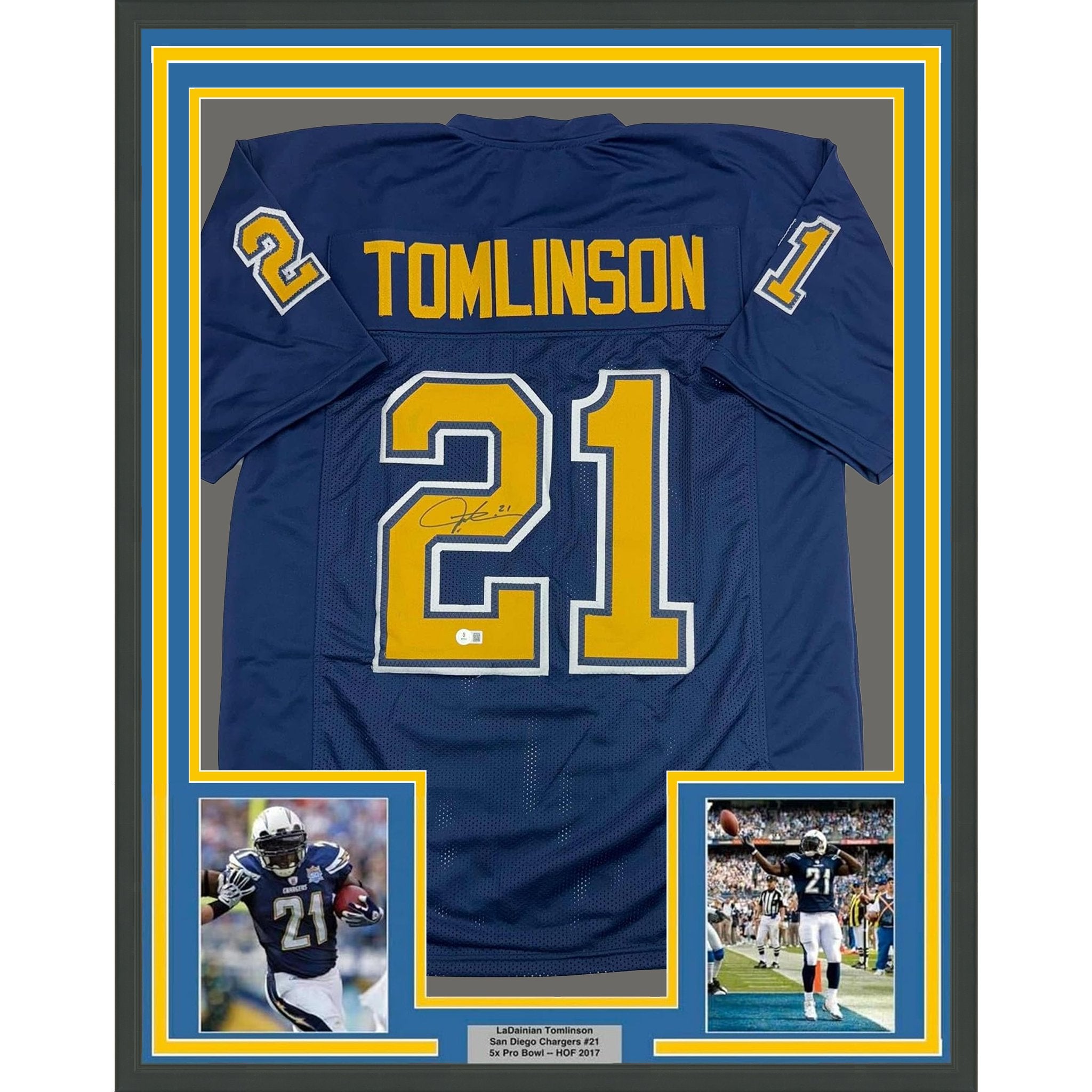 Framed Autographed/Signed LaDainian Tomlinson 35x39 San Diego Blue Color Rush Football Jersey Beckett BAS COA