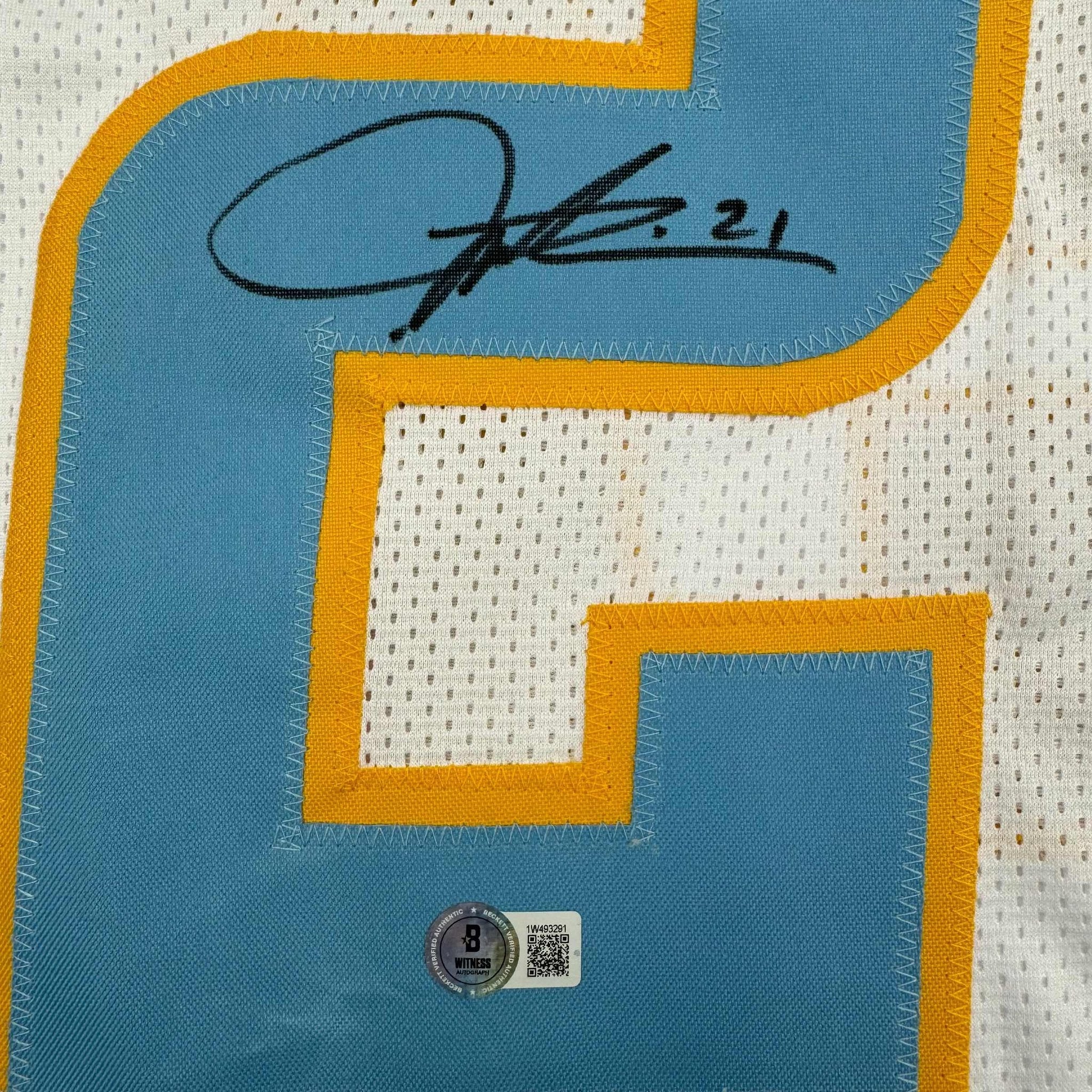 Framed Autographed/Signed LaDainian Tomlinson 35x39 San Diego White Football Jersey Beckett BAS COA
