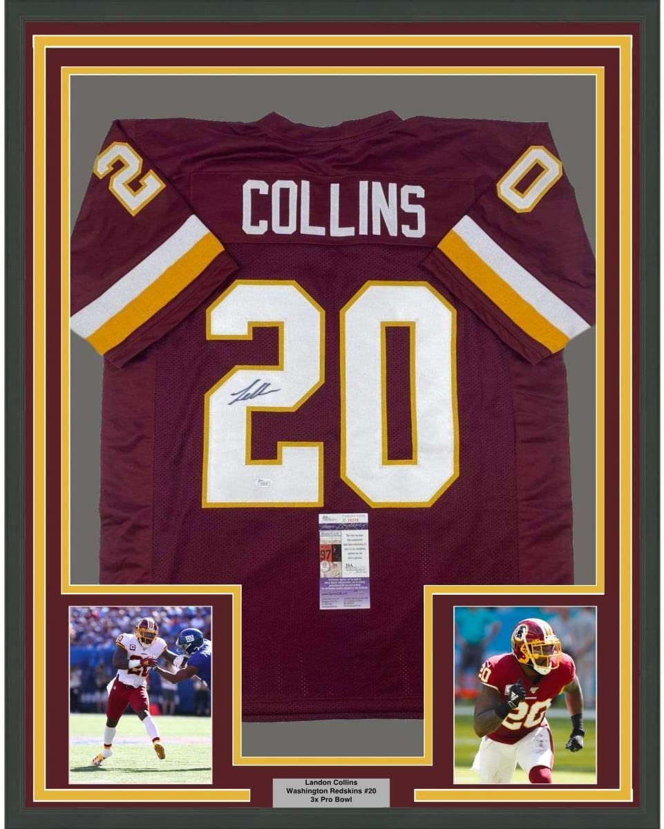 Framed Autographed/Signed Landon Collins 35x39 Washington Burgundy Football Jersey JSA COA