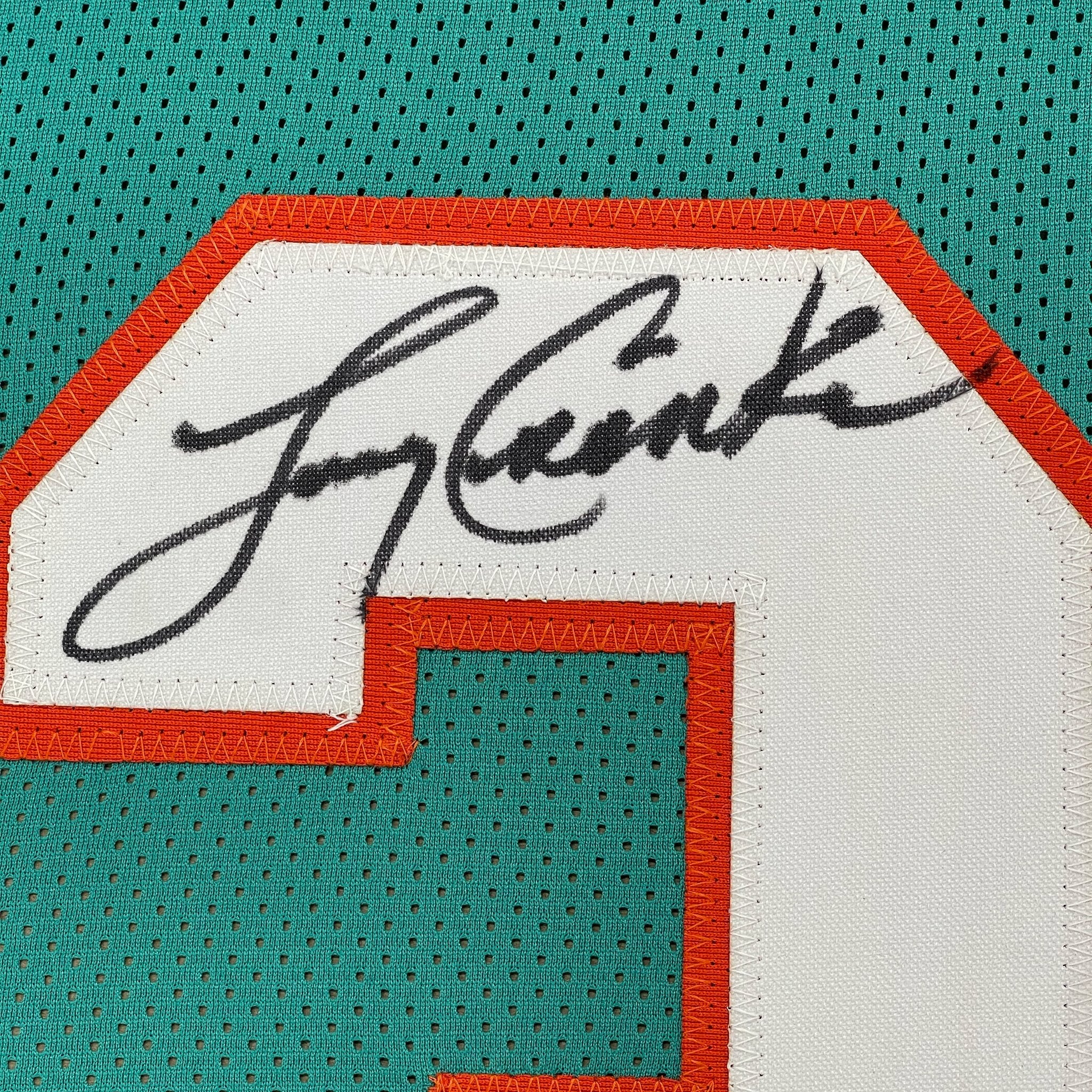 Framed Autographed/Signed Larry Csonka 35x39 Miami Teal Football Jersey JSA COA