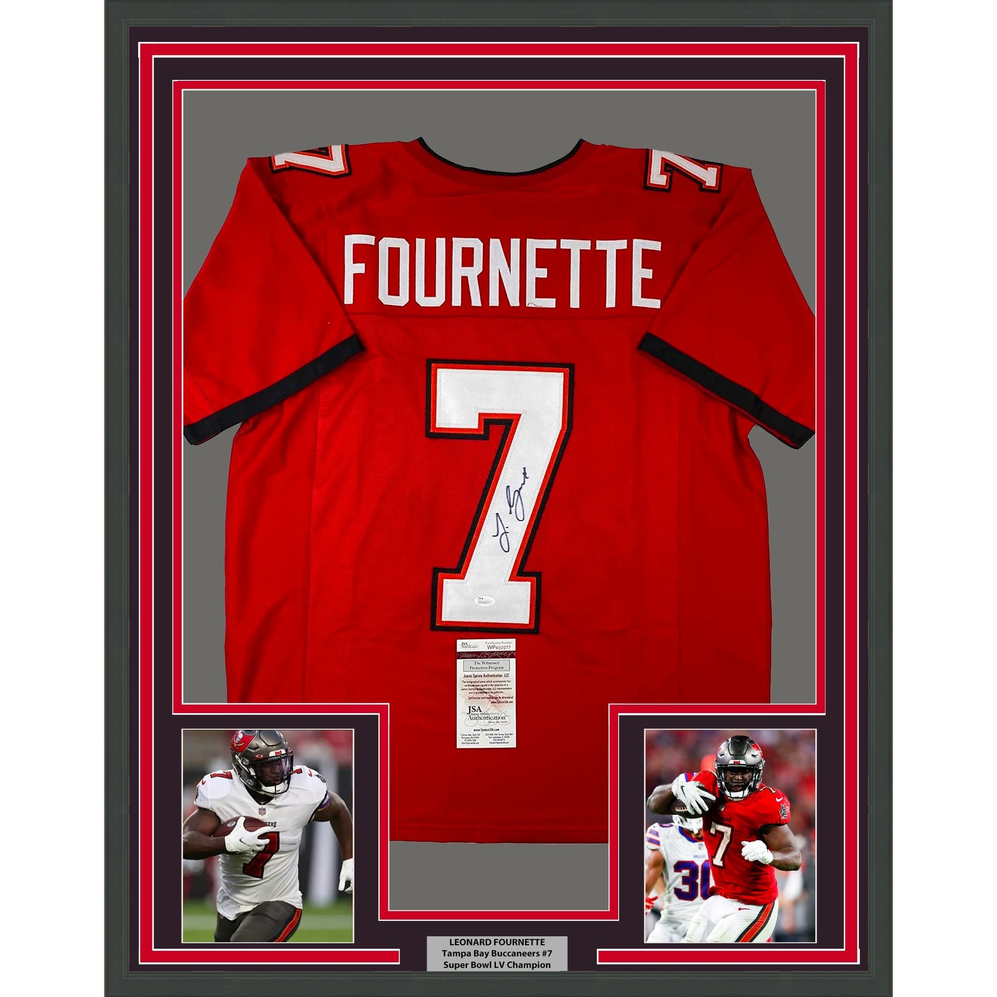 Framed Autographed/Signed Leonard Fournette 35x39 Tampa Bay Red Football Jersey JSA COA