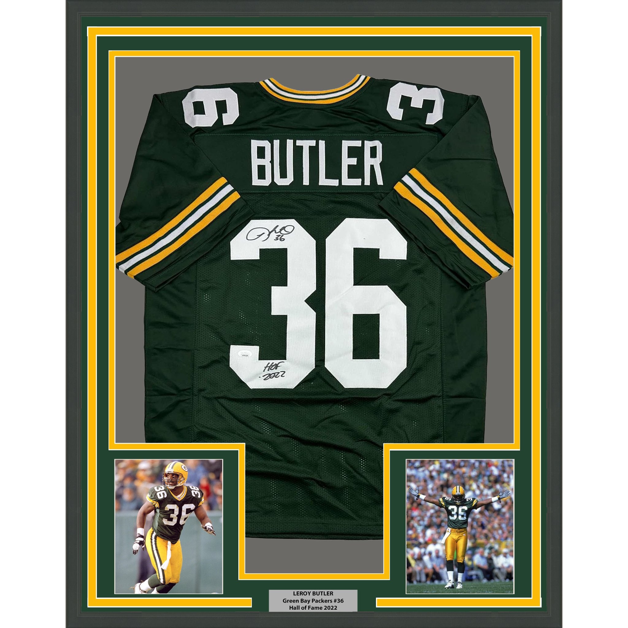 Framed Autographed/Signed Leroy Butler 35x39 HOF 2022 Green Bay Green Football Jersey JSA COA