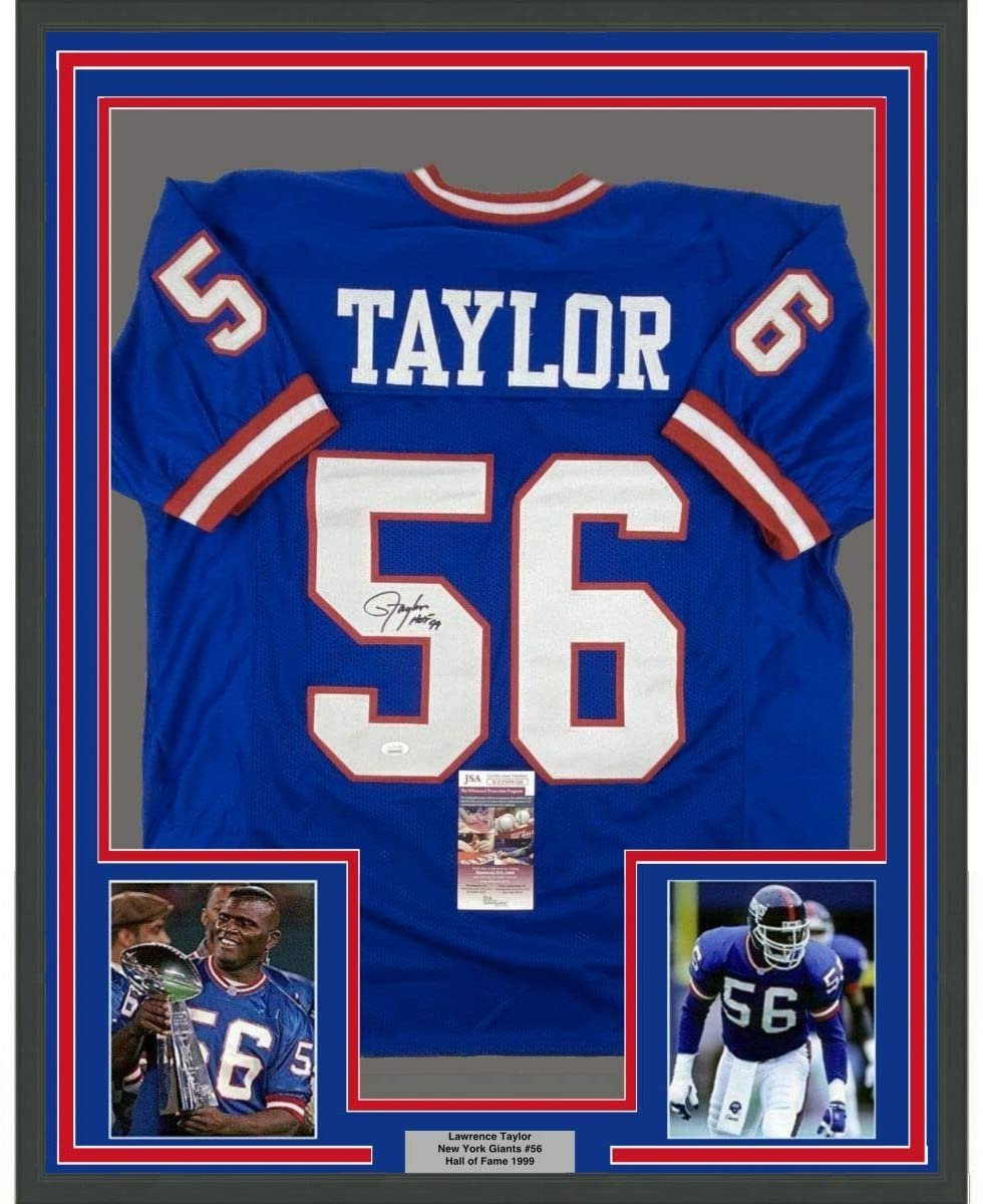 Framed Autographed/Signed Lawrence Taylor HOF 99 35x39 New York Blue Football Jersey JSA COA