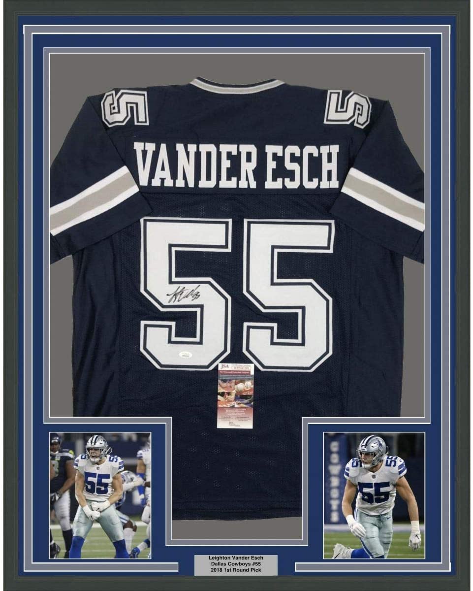 Framed Autographed/Signed Leighton Vander Esch 35x39 Dallas Dark Blue Football Jersey JSA COA