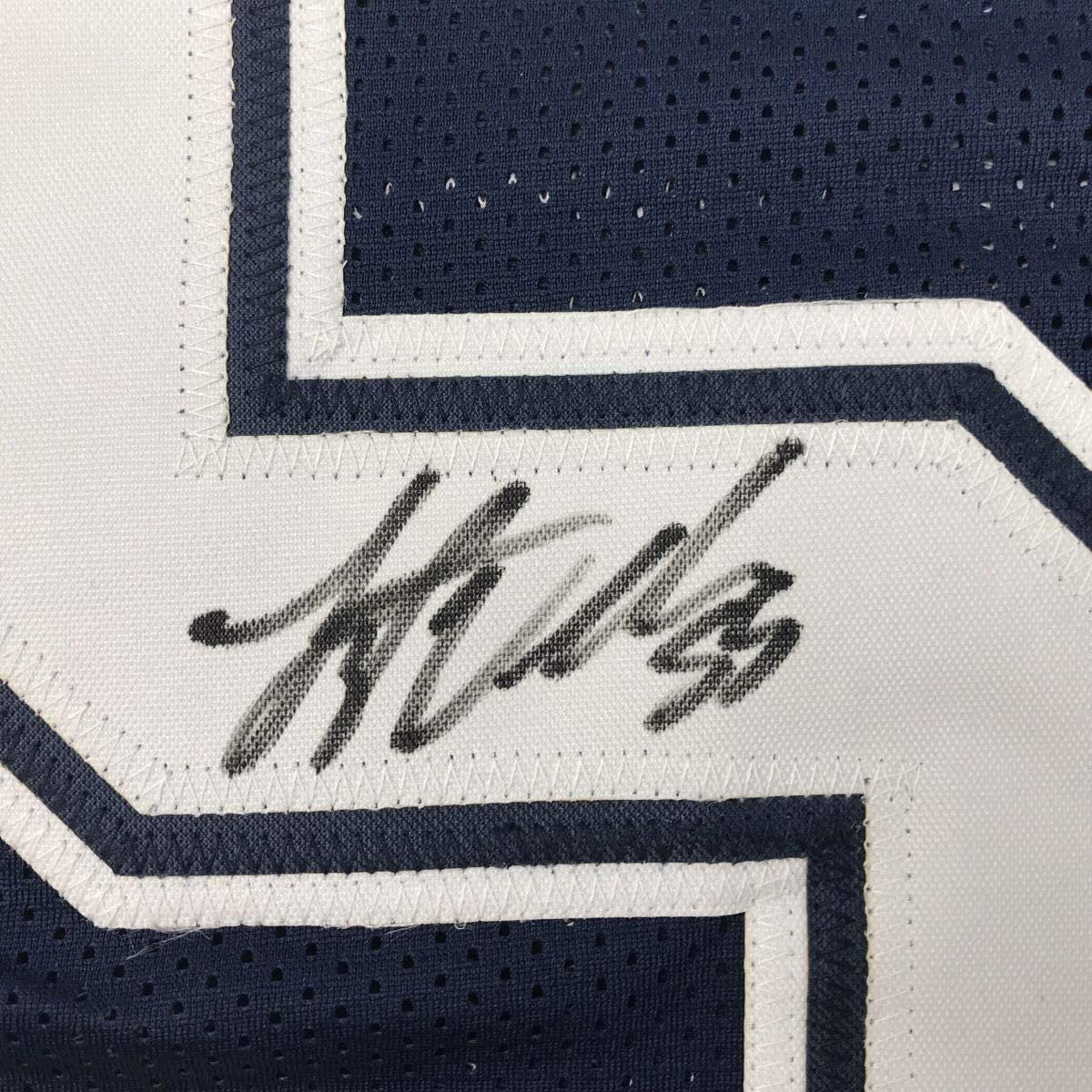 Framed Autographed/Signed Leighton Vander Esch 35x39 Dallas Dark Blue Football Jersey JSA COA