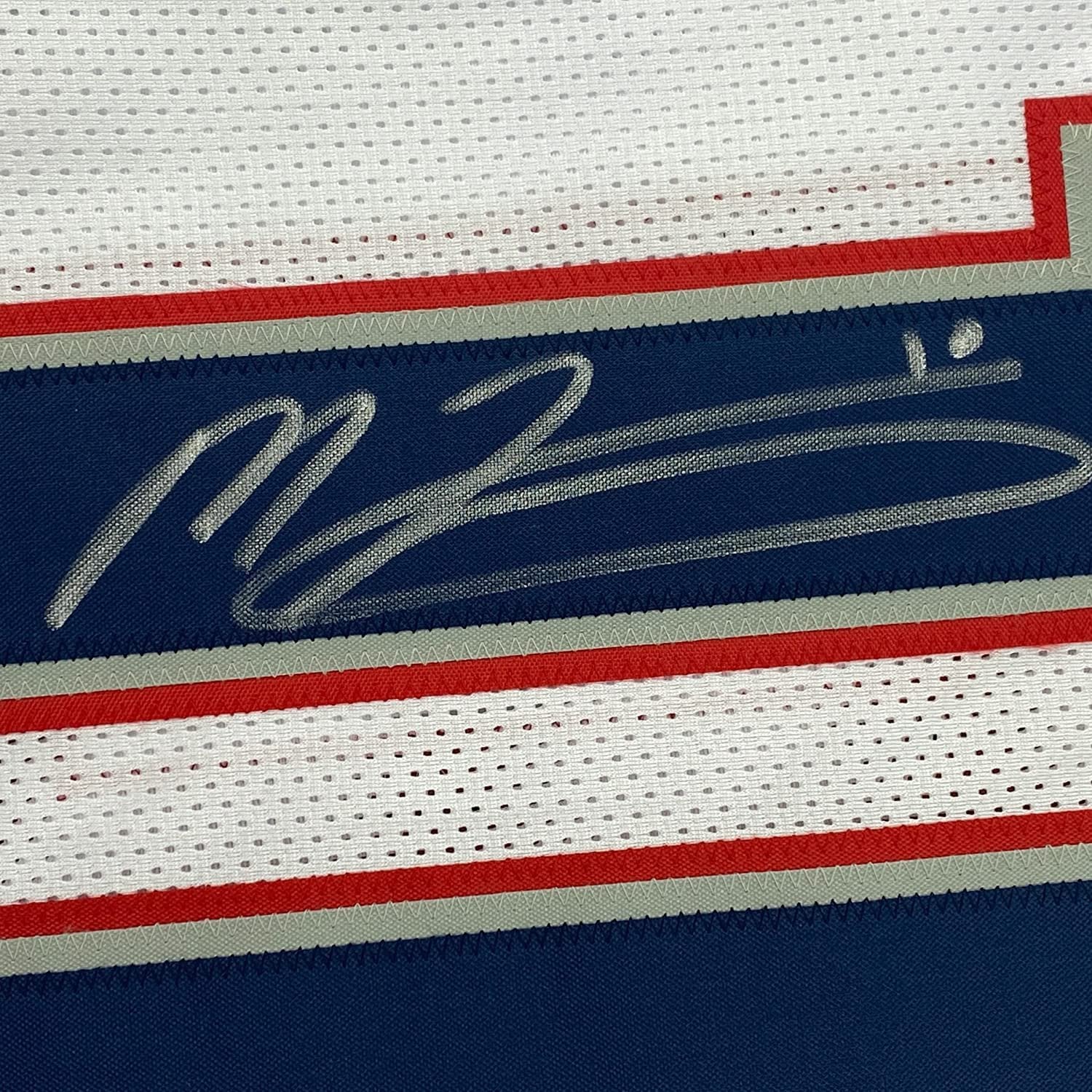 Framed Autographed/Signed Mac Jones 35x39 New England White Football Jersey Beckett BAS COA