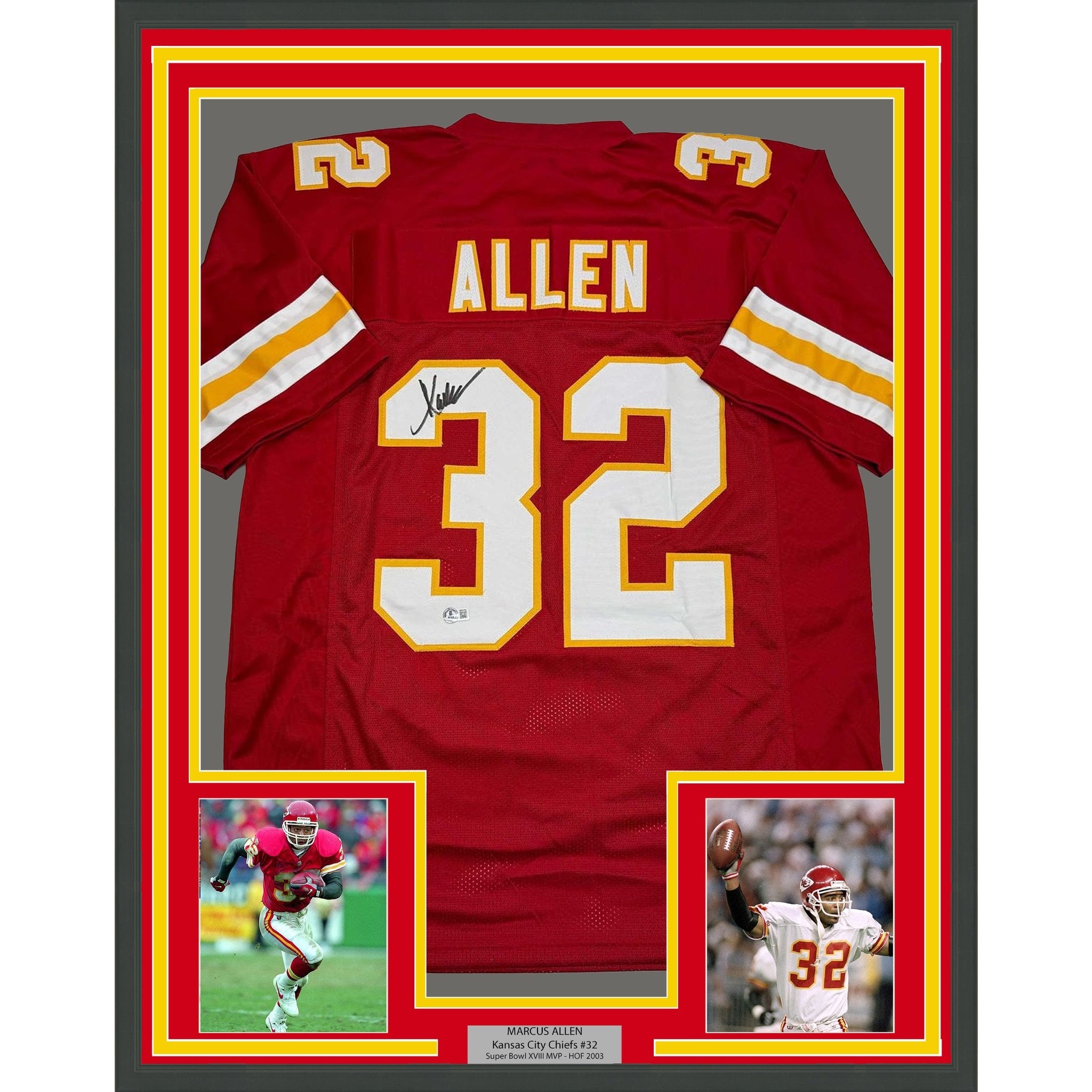 Framed Autographed/Signed Marcus Allen 35x39 Kansas City Red Football Jersey Beckett BAS COA