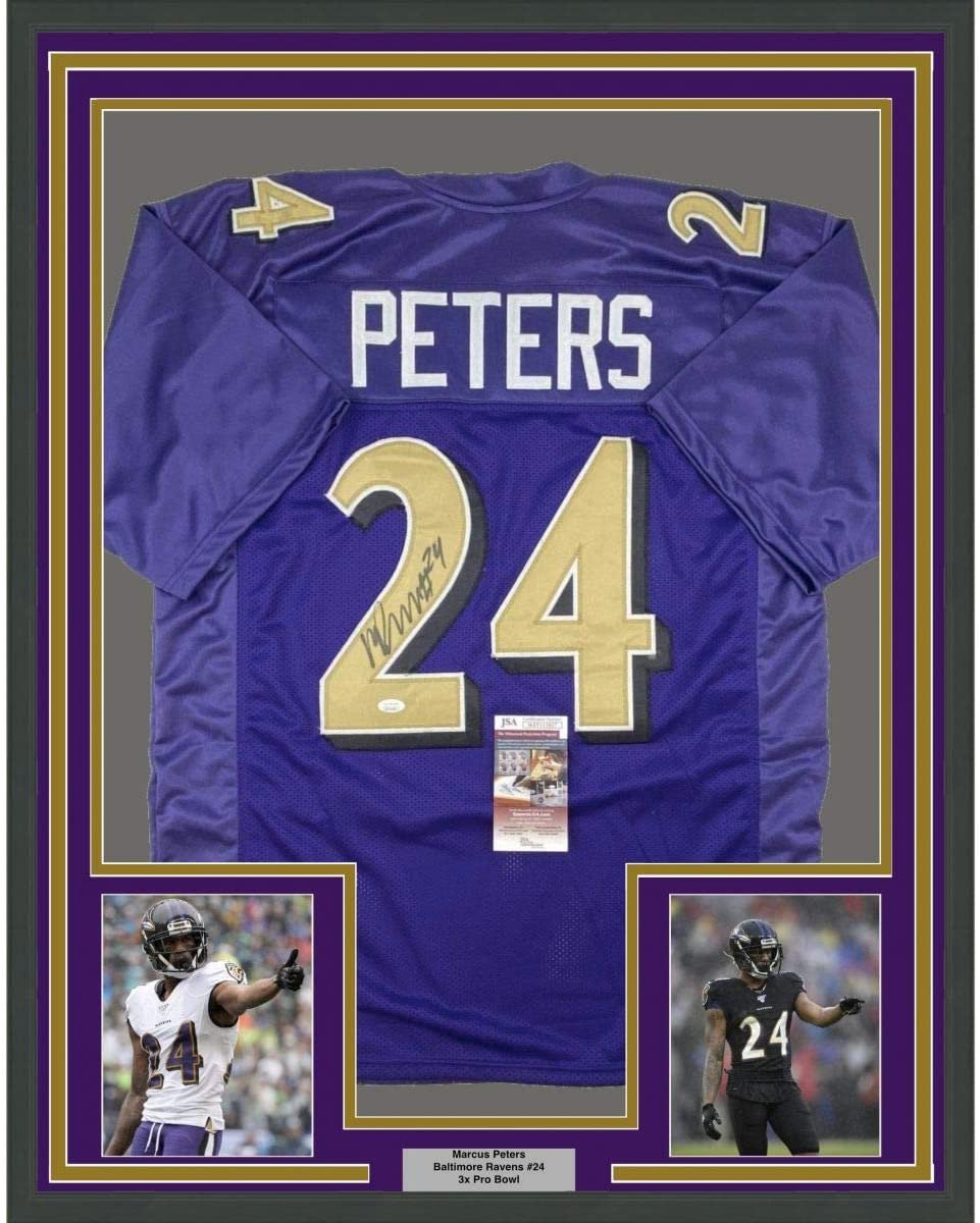 Framed Autographed/Signed Marcus Peters 35x39 Baltimore Color Rush Football Jersey JSA COA