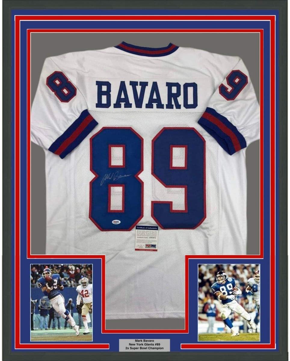 Framed Autographed/Signed Mark Bavaro 35x39 New York White Football Jersey PSA/DNA COA