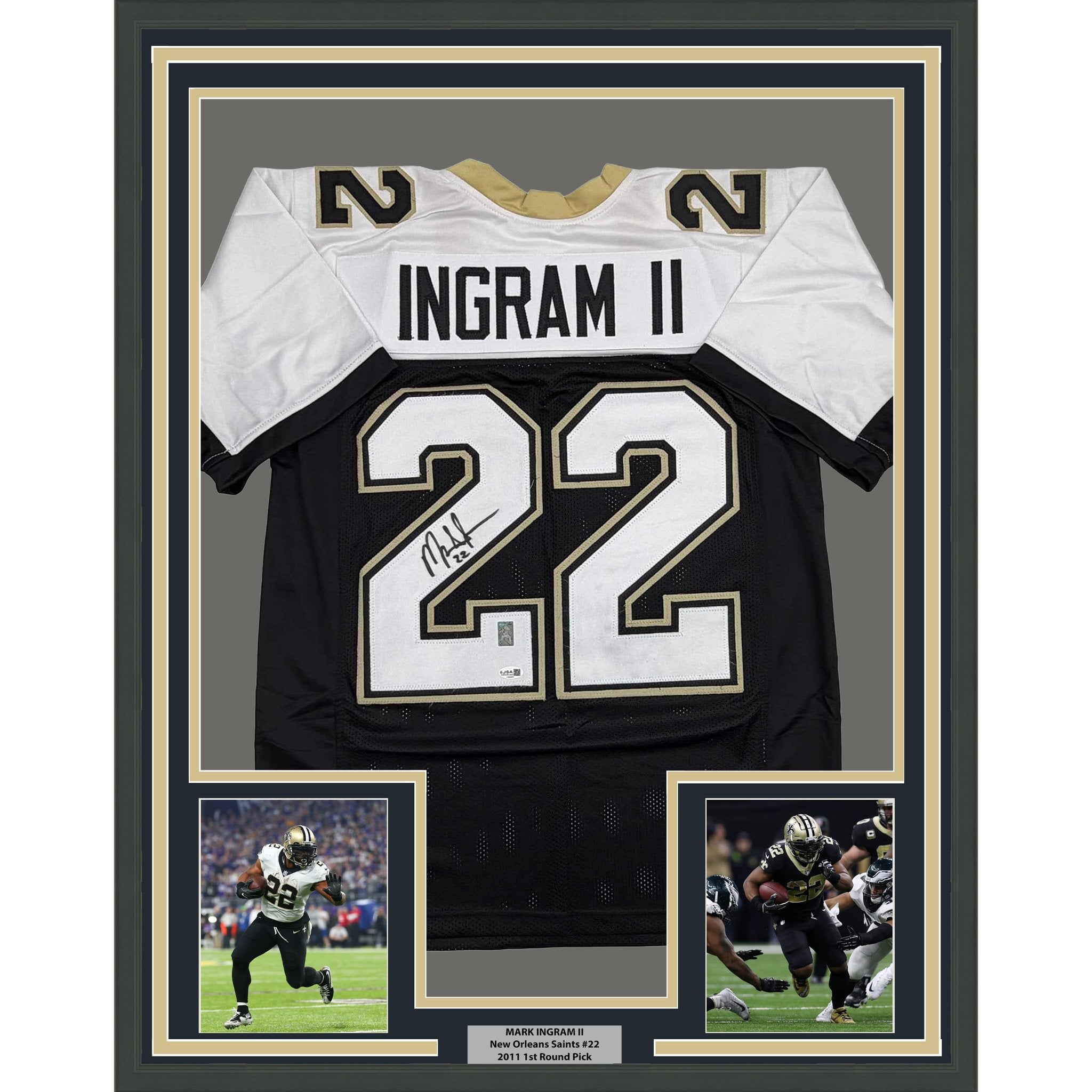 Framed Autographed/Signed Mark Ingram II 35x39 New Orleans Black Alternate Football Jersey JSA COA