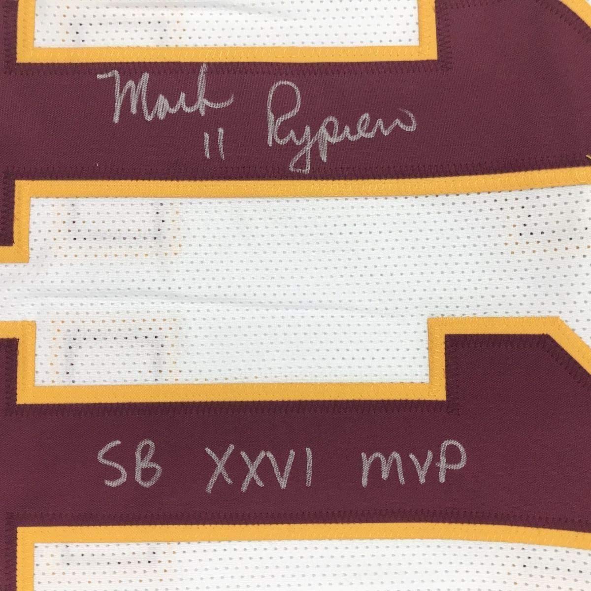 Framed Autographed/Signed Mark Rypien SB XXVI MVP 35x39 Washington White Football Jersey JSA COA