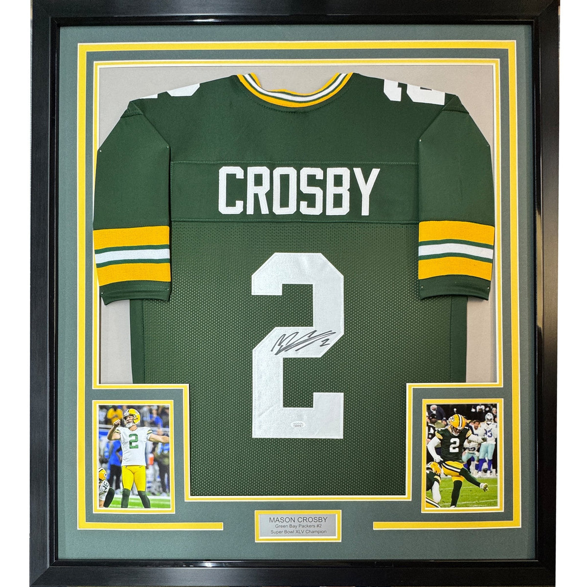 Framed Autographed/Signed Mason Crosby 35x39 Green Bay Green Football Jersey JSA COA