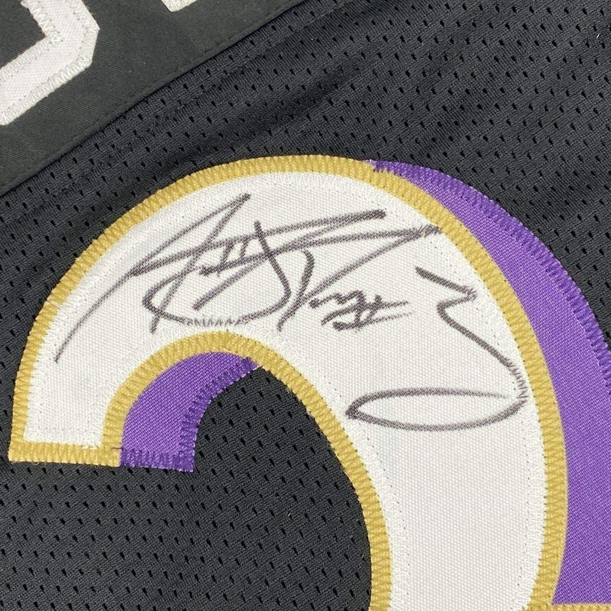 Framed Autographed/Signed Matt Stover 35x39 Baltimore Black Football Jersey JSA COA