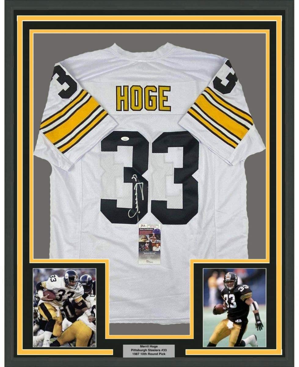 Framed Autographed/Signed Merril Hoge 35x39 Pittsburgh White Football Jersey JSA COA
