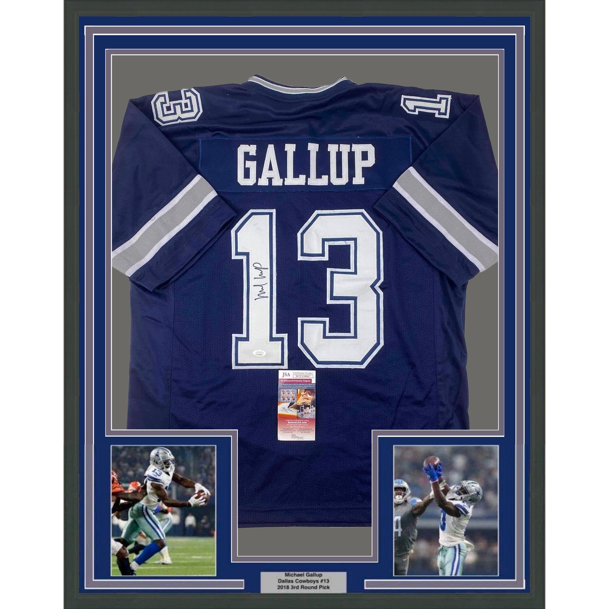 Framed Autographed/Signed Michael Gallup 35x39 Dallas Blue Football Jersey JSA COA