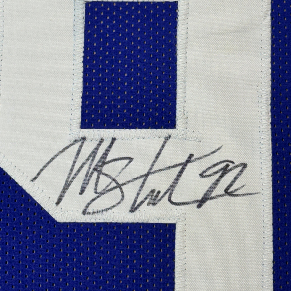 Framed Autographed/Signed Michael Strahan 35x39 New York Blue Football Jersey JSA COA