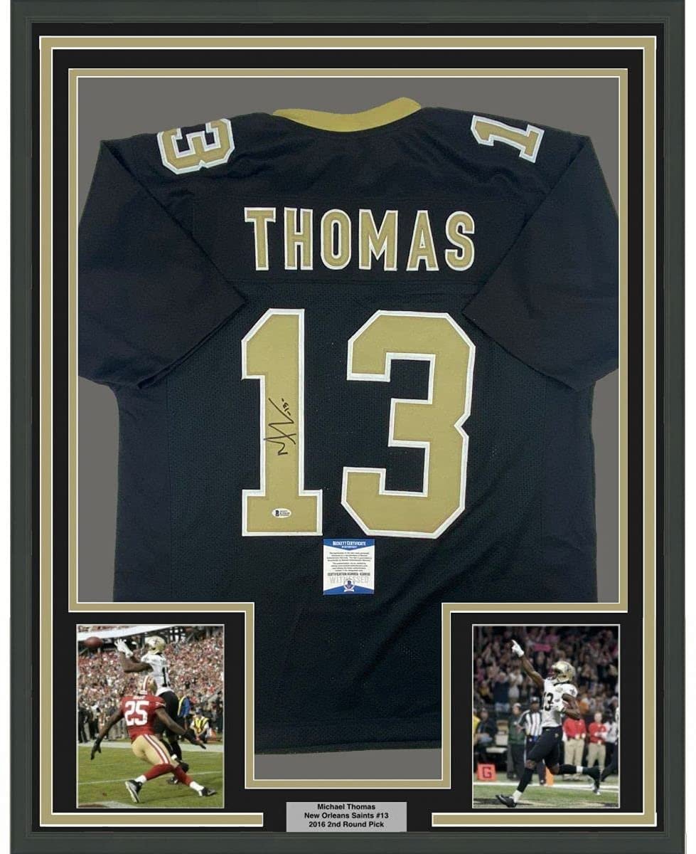 Framed Autographed/Signed Michael Thomas 35x39 New Orleans Black Football Jersey Beckett BAS COA