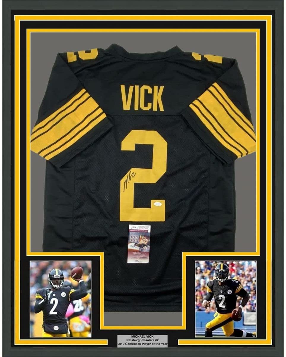Framed Autographed/Signed Michael Mike Vick 35x39 Pittsburgh Color Rush Football Jersey JSA COA