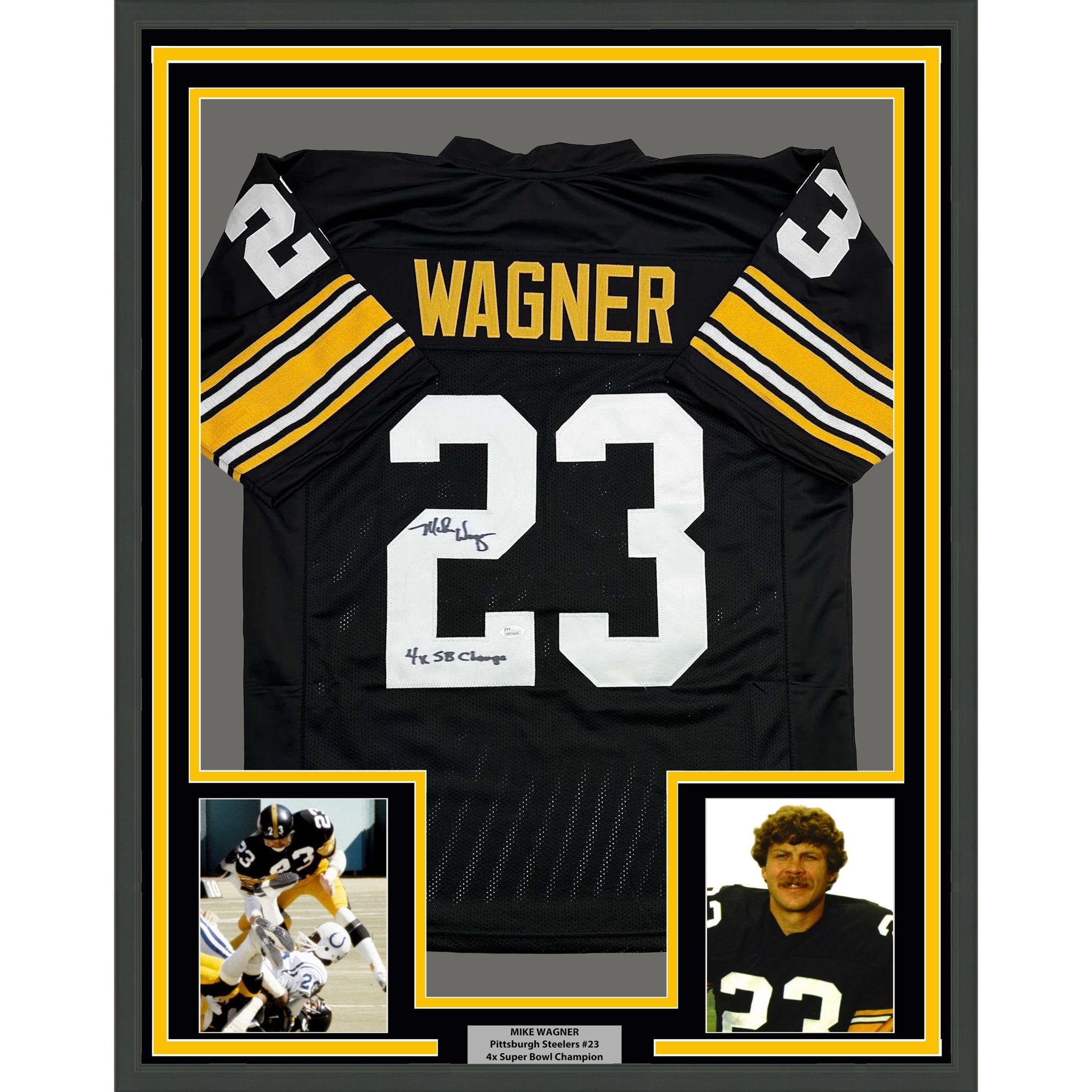 Framed Autographed/Signed Mike Wagner 35x39 4x SB Champ Pittsburgh Black Football Jersey JSA COA