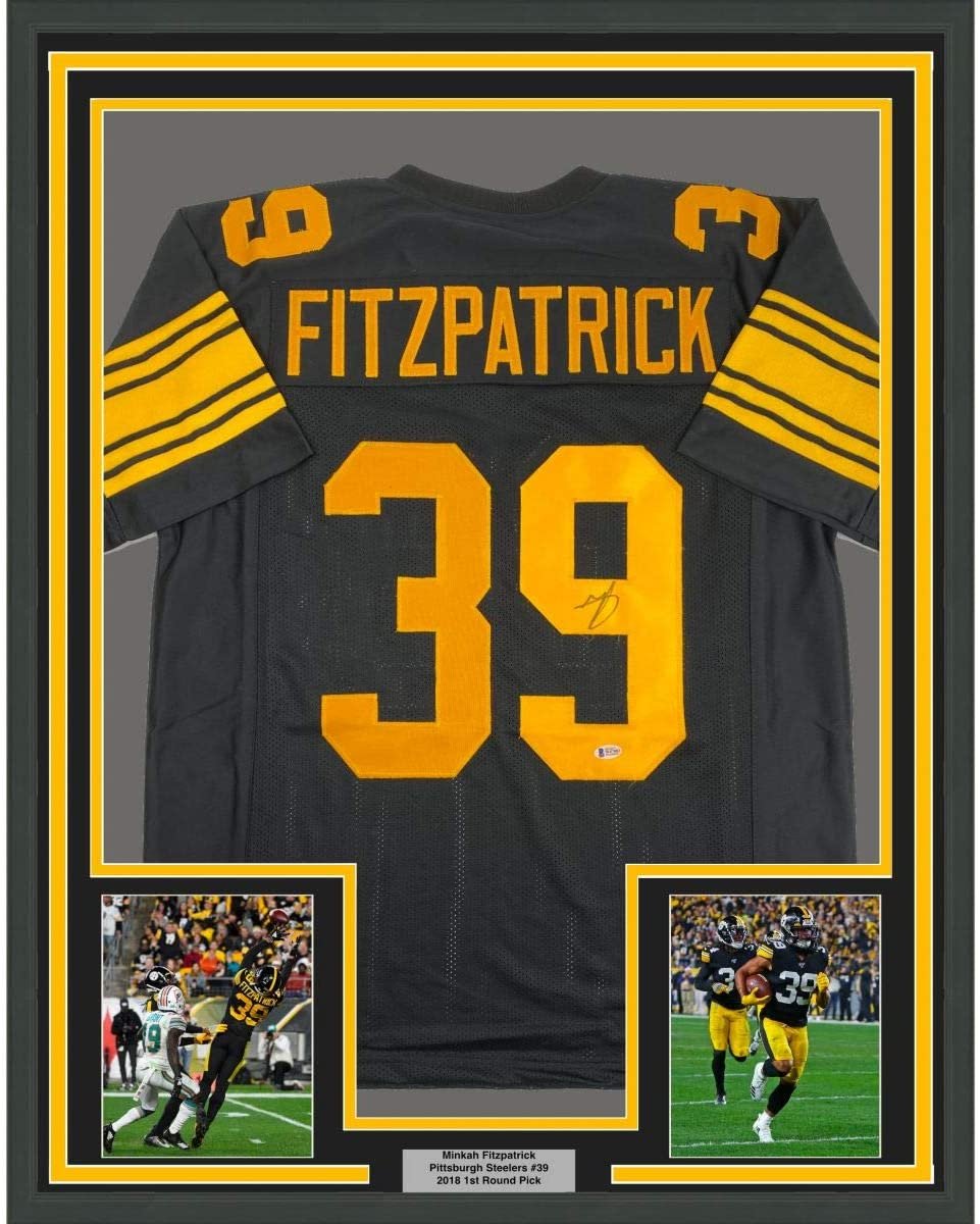 Framed Autographed/Signed Minkah Fitzpatrick 35x39 Pittsburgh Color Rush Football Jersey Beckett BAS COA