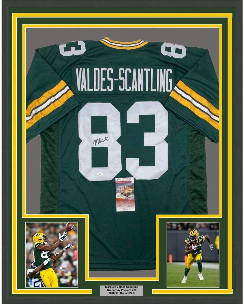 Framed Autographed/Signed Marquez Valdes-Scantling 35x39 Green Bay Green Football Jersey JSA COA