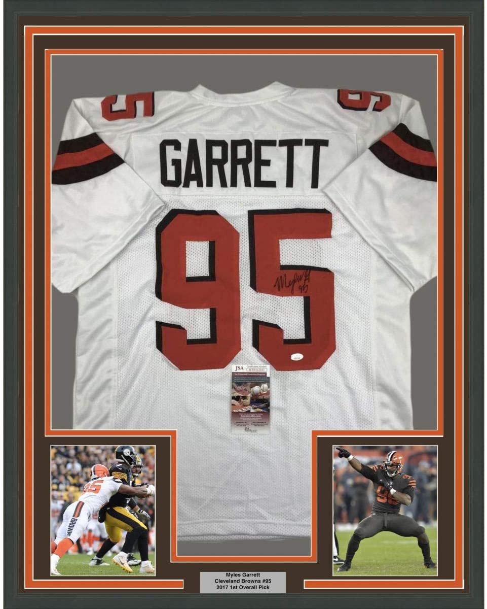 Framed Autographed/Signed Myles Garrett 35x39 Cleveland White Football Jersey JSA COA