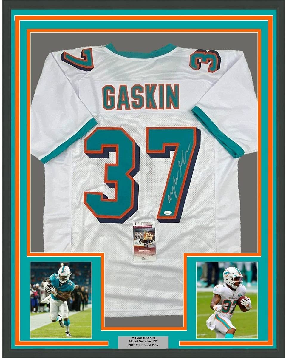 Framed Autographed/Signed Myles Gaskin 35x39 Miami White Football Jersey JSA COA