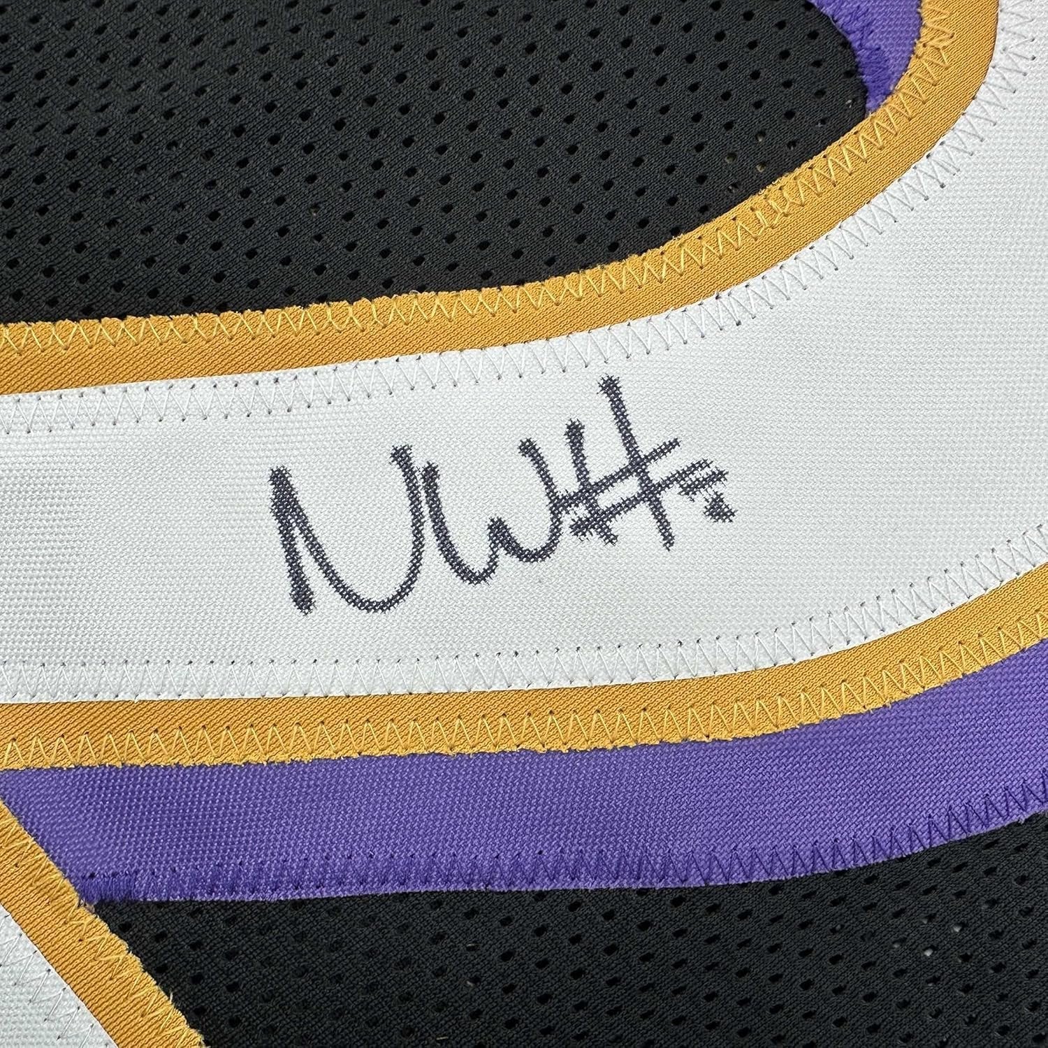 Framed Autographed/Signed Nate Wiggins 35x39 Baltimore Black Football Jersey JSA COA