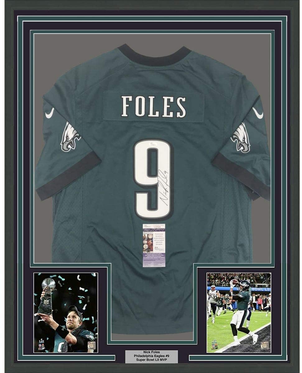 Framed Autographed/Signed Nick Foles 35x39 Philadelphia Eagles Nike Green Football Jersey JSA COA