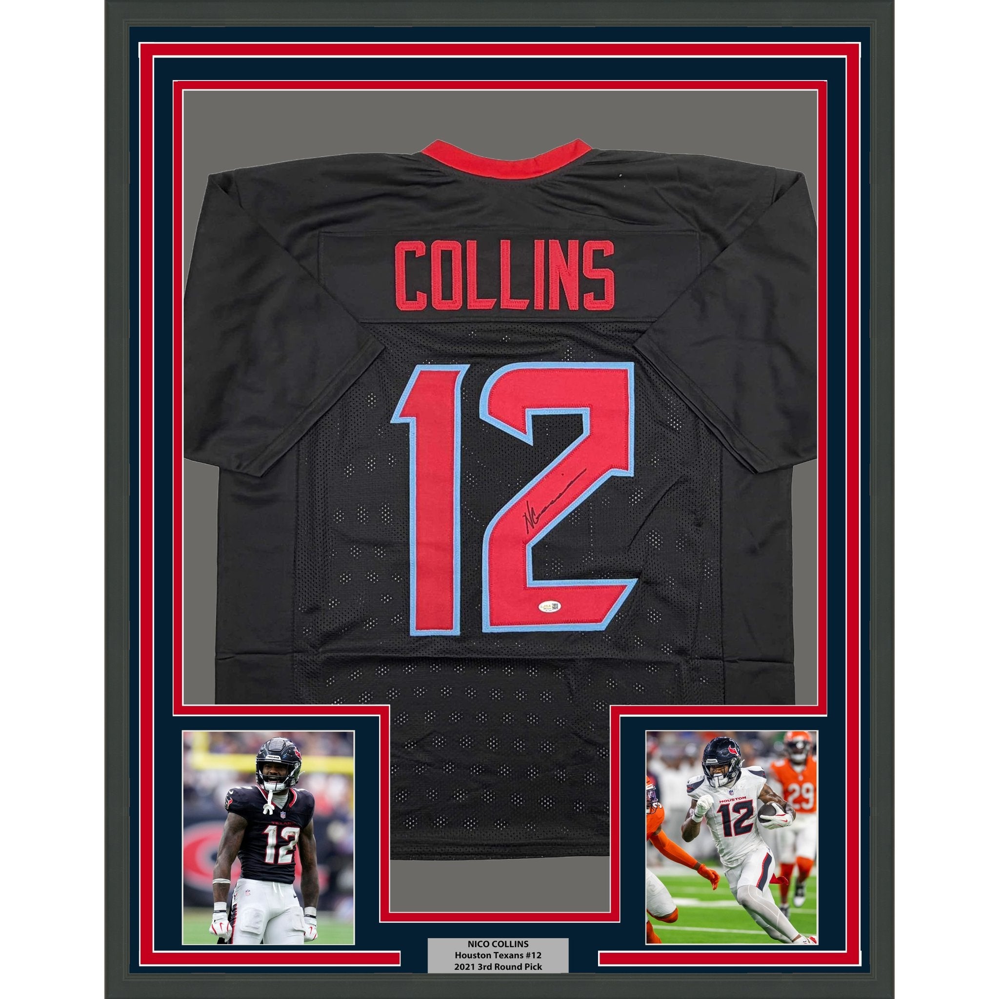 Framed Autographed/Signed Nico Collins 35x39 Houston H-Town Black Football Jersey JSA COA