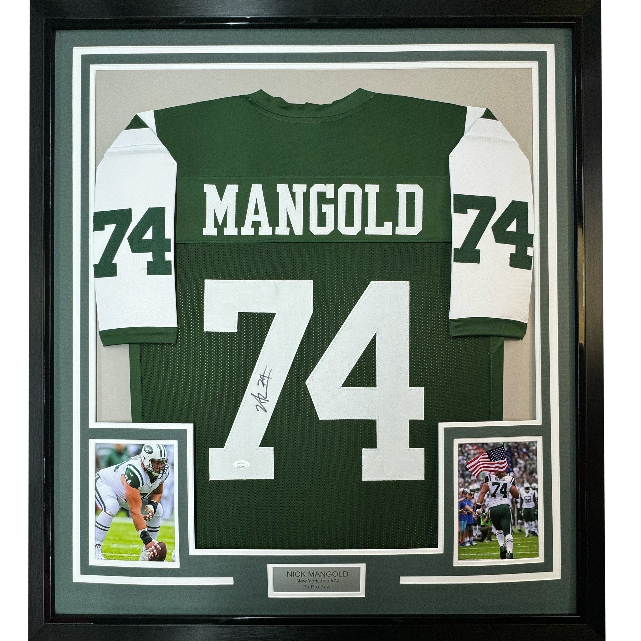 Framed Autographed/Signed Nick Mangold 35x39 New York Green Football Jersey JSA COA