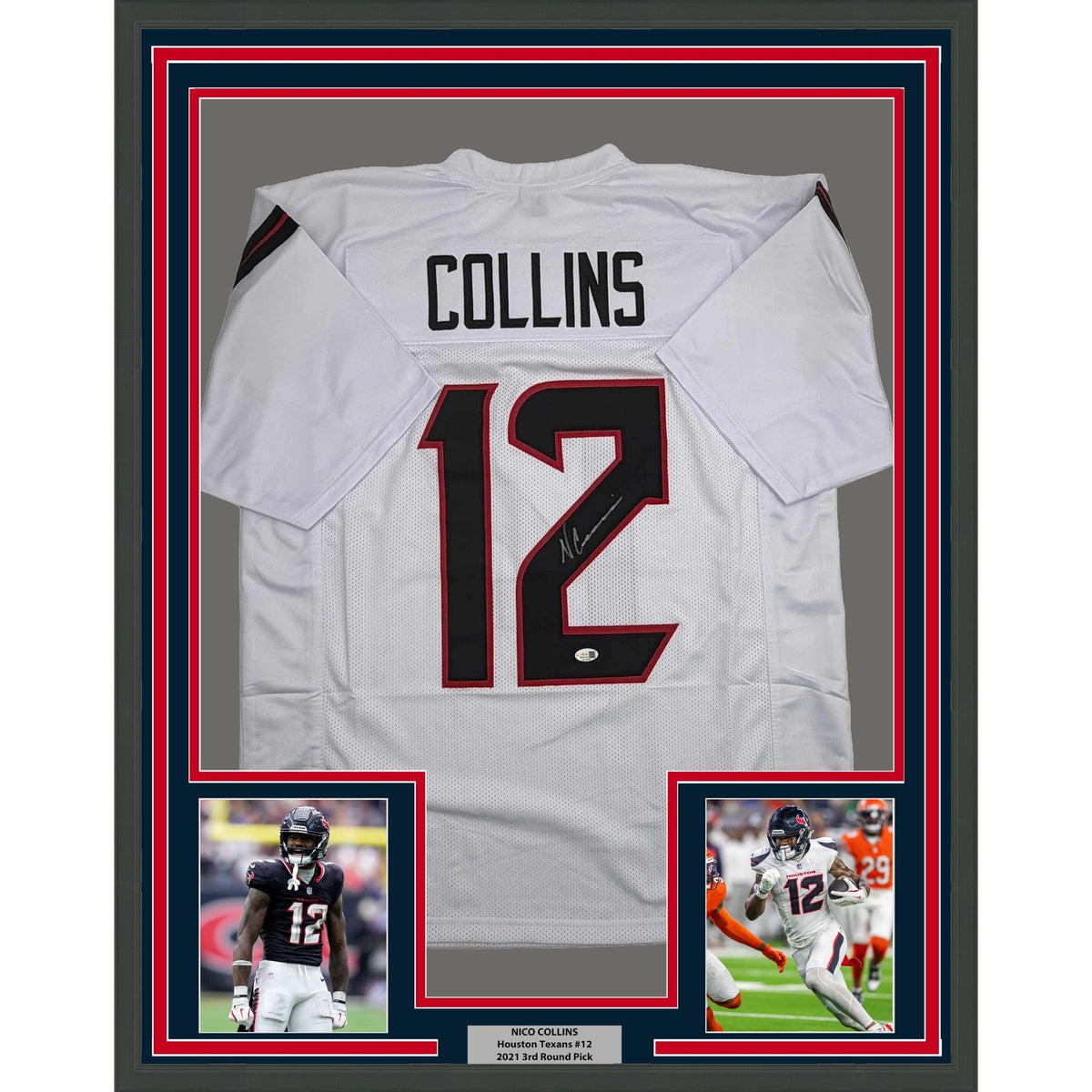 Framed Autographed/Signed Nico Collins 35x39 Houston White Football Jersey JSA COA