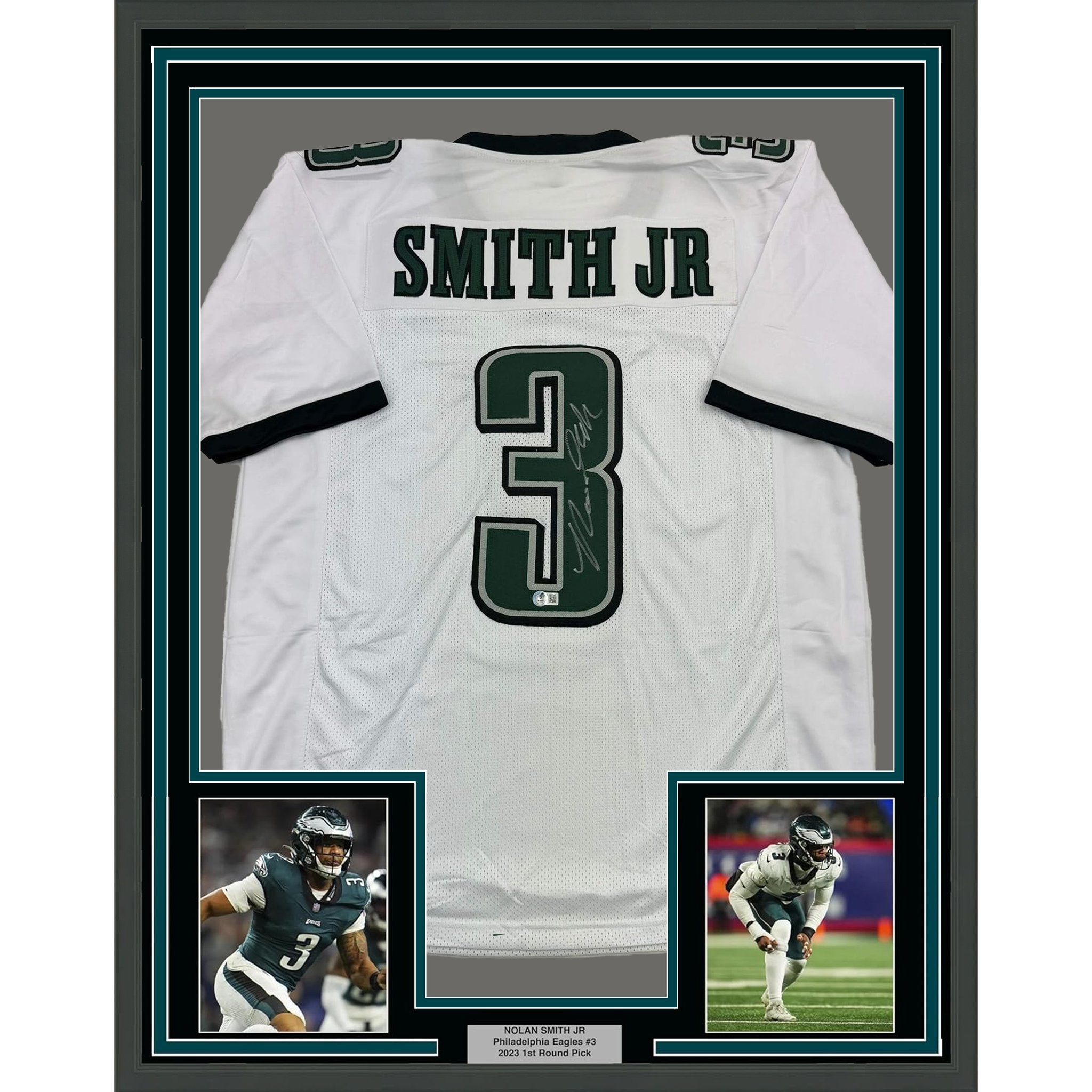 Framed Autographed/Signed Nolan Smith Jr. 35x39 Philadelphia White Football Jersey Beckett BAS COA