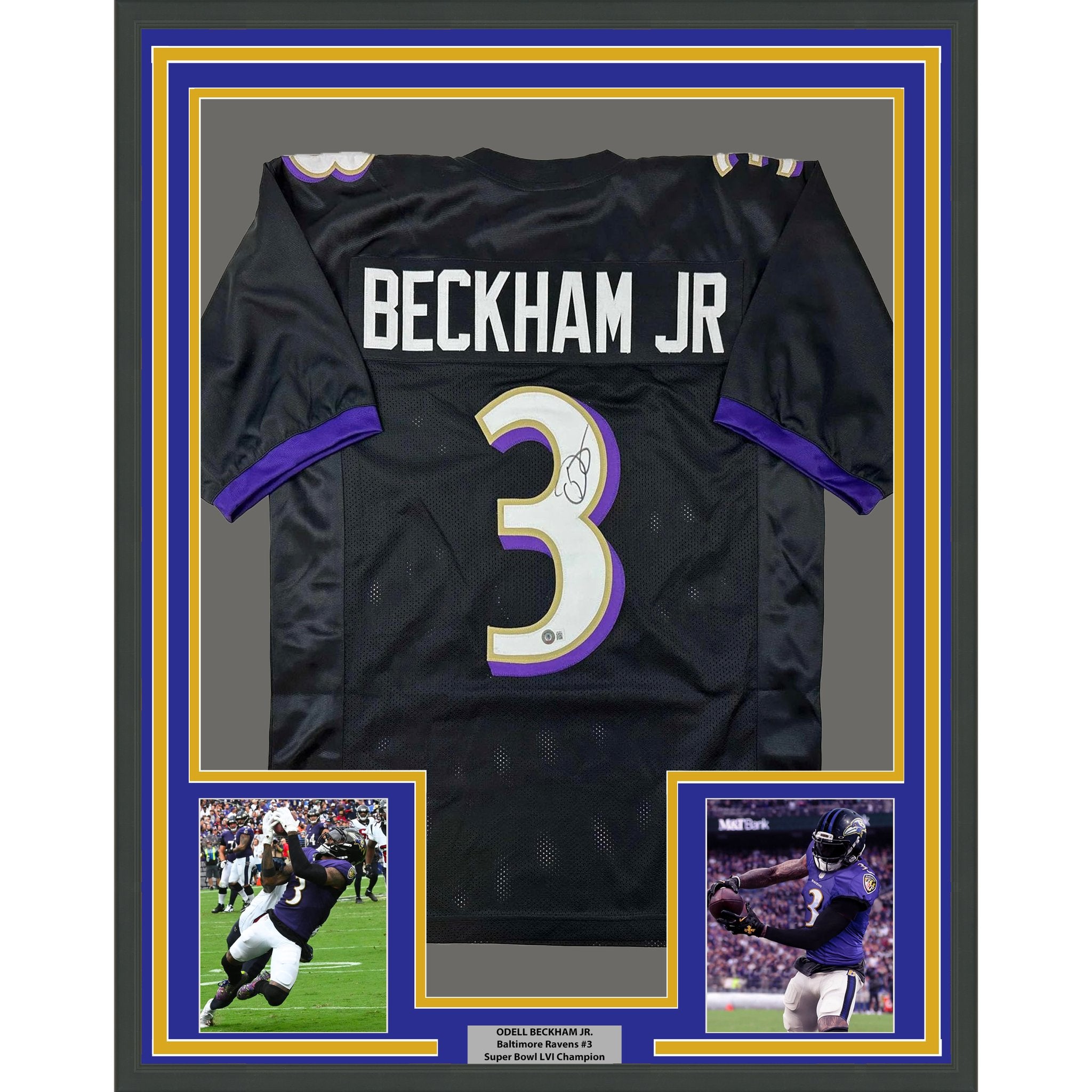 Framed Autographed/Signed Odell Beckham Jr. 35x39 Baltimore Black Football Jersey Beckett BAS COA