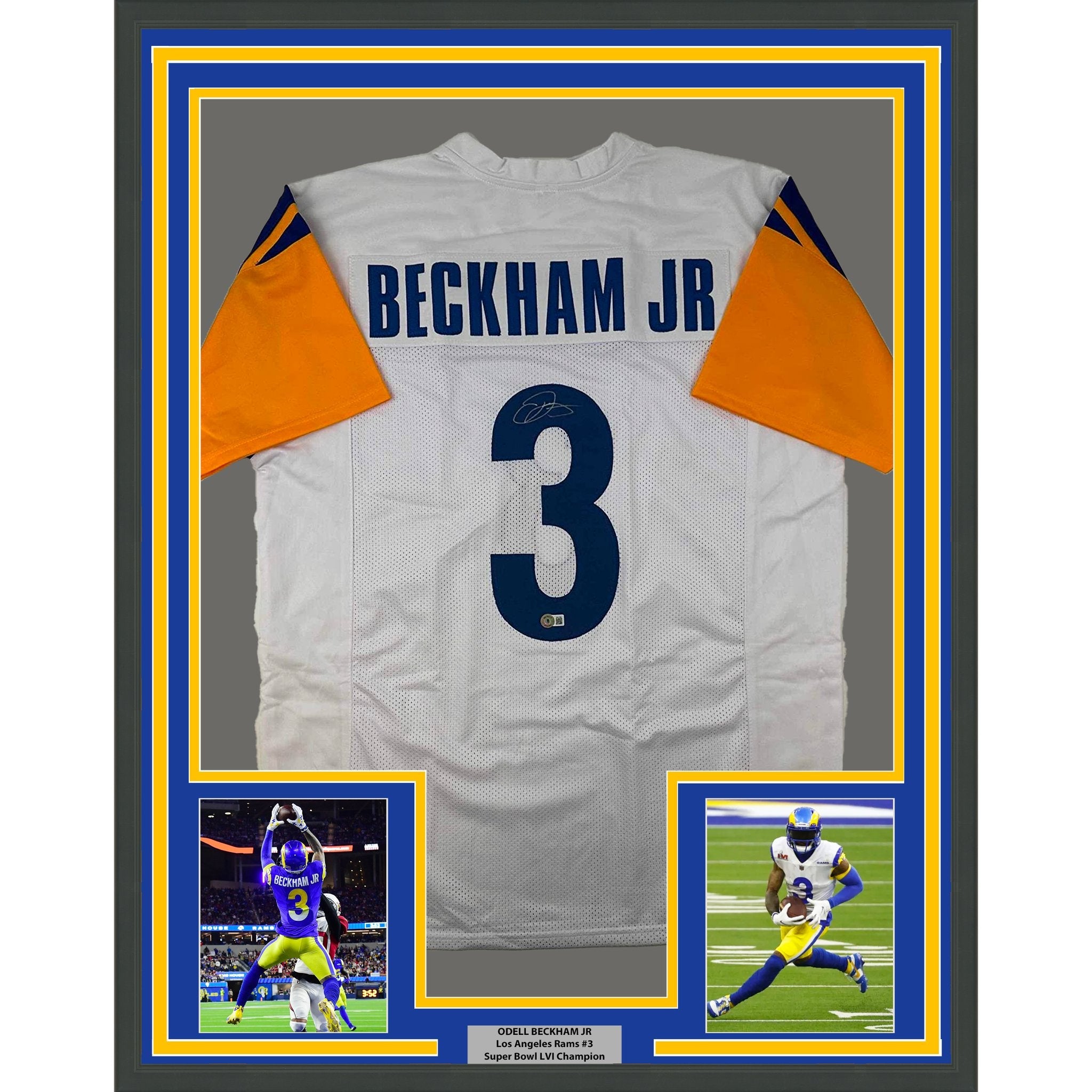 Framed Autographed/Signed Odell Beckham Jr. 35x39 OBJ Los Angeles LA White Football Jersey Beckett BAS COA