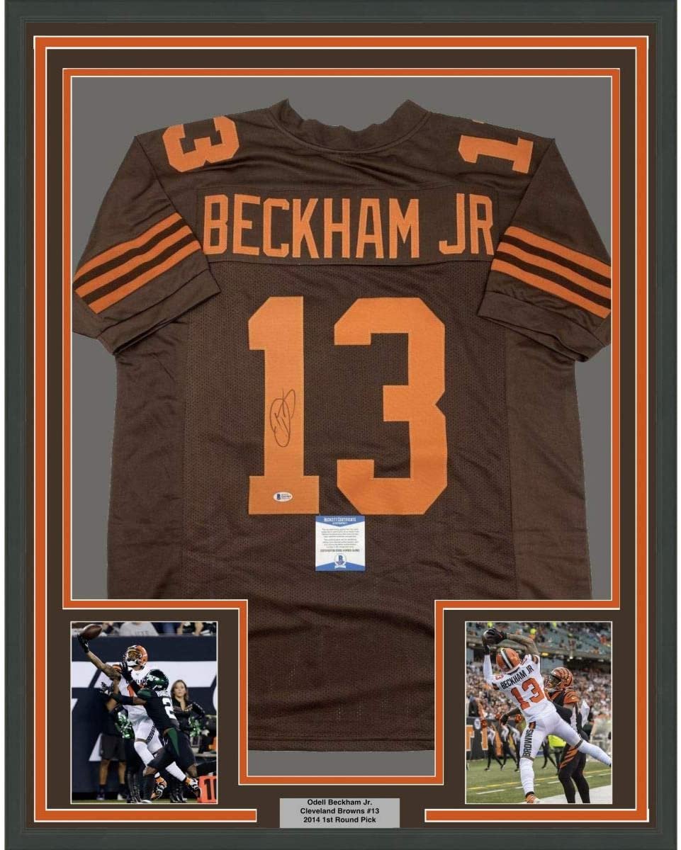 Framed Autographed/Signed Odell Beckham Jr. 35x39 Cleveland Color Rush Football Jersey Beckett BAS COA