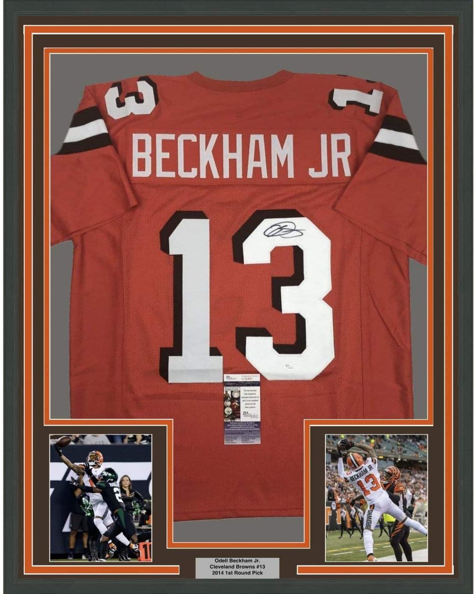Framed Autographed/Signed Odell Beckham Jr. 35x39 Cleveland Orange Football Jersey JSA COA